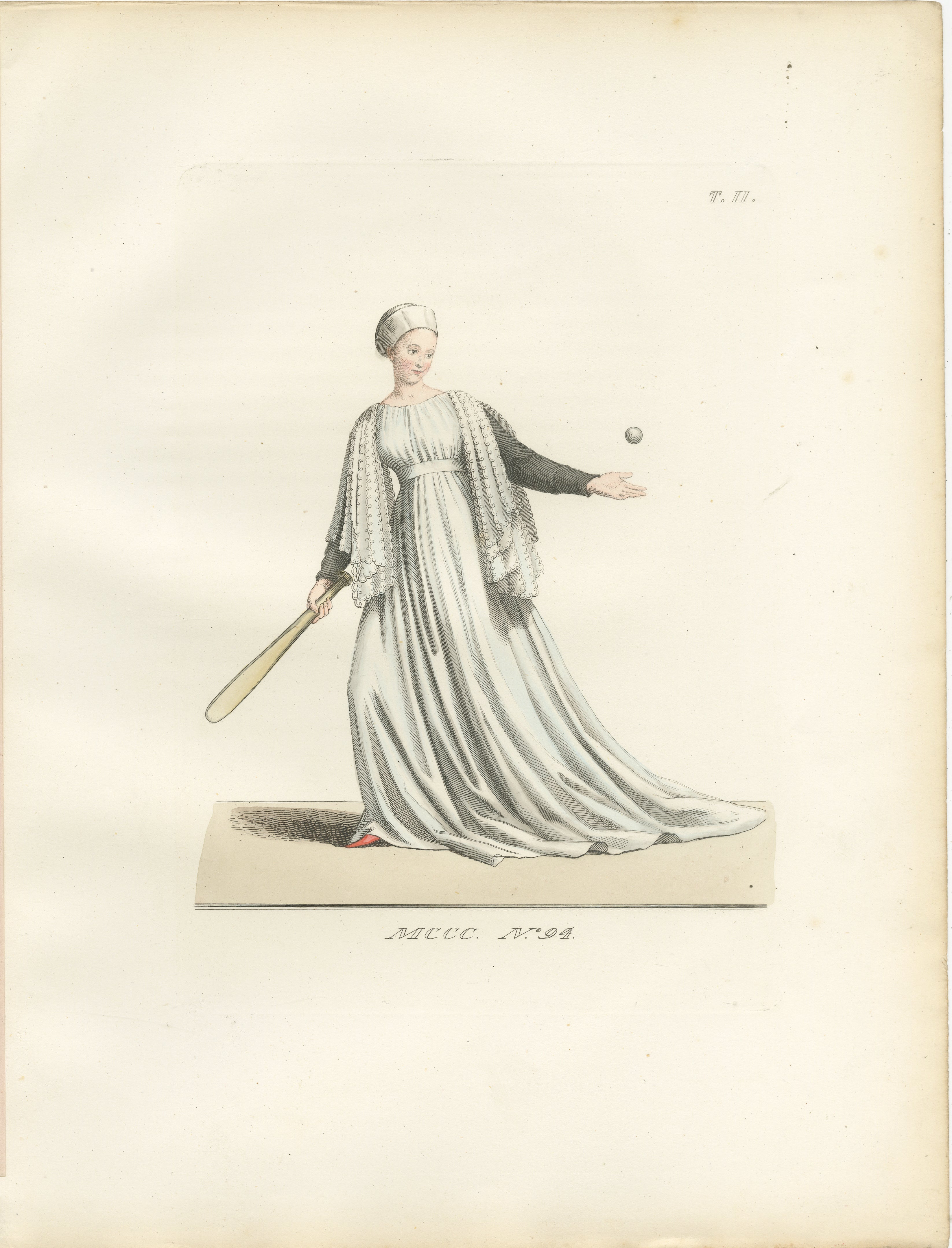 Medieval Tennis Costume Study, Hand-Colored Lithograph c.1845