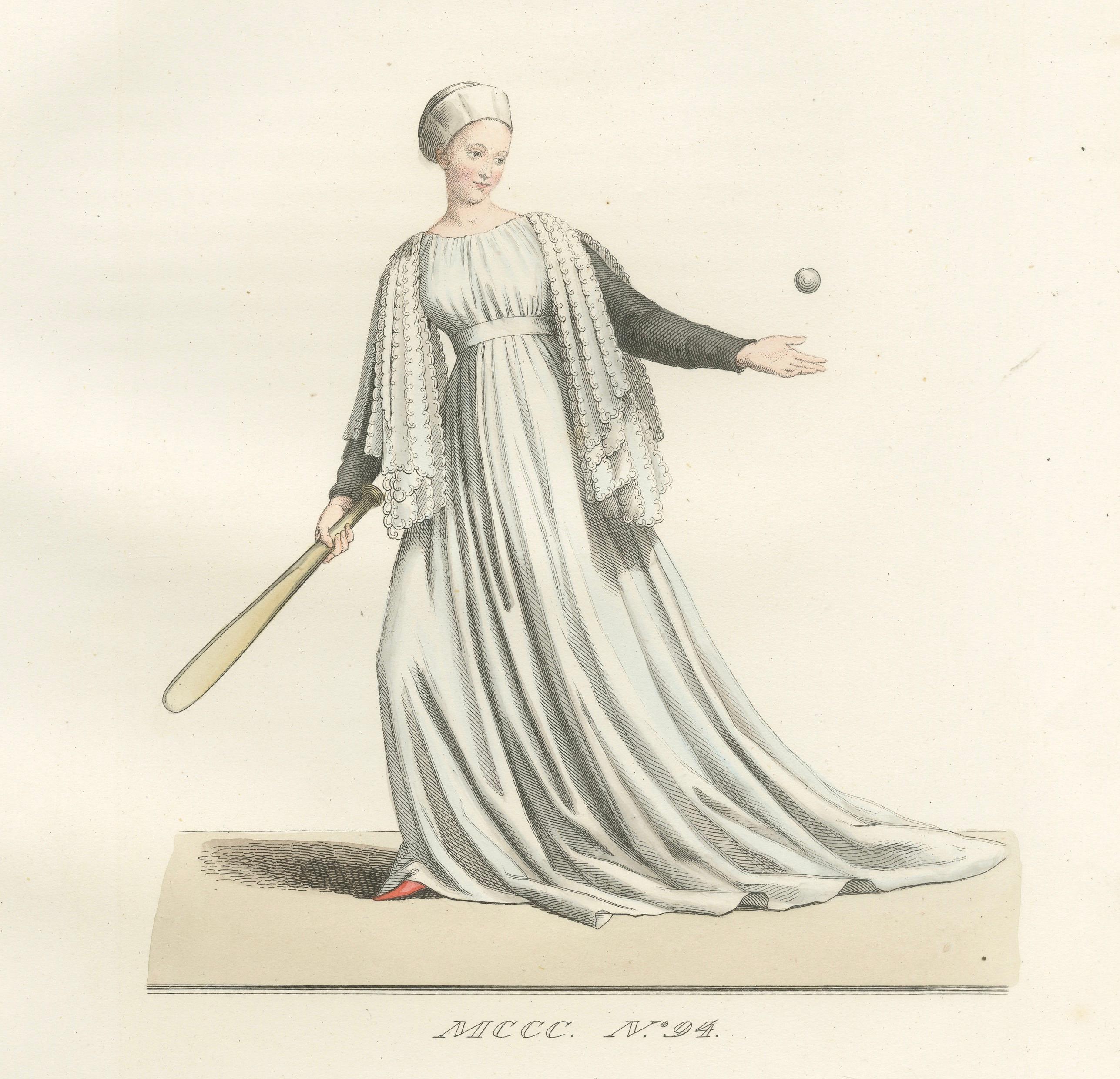 Medieval Tennis Costume Study, Hand-Colored Lithograph c.1845