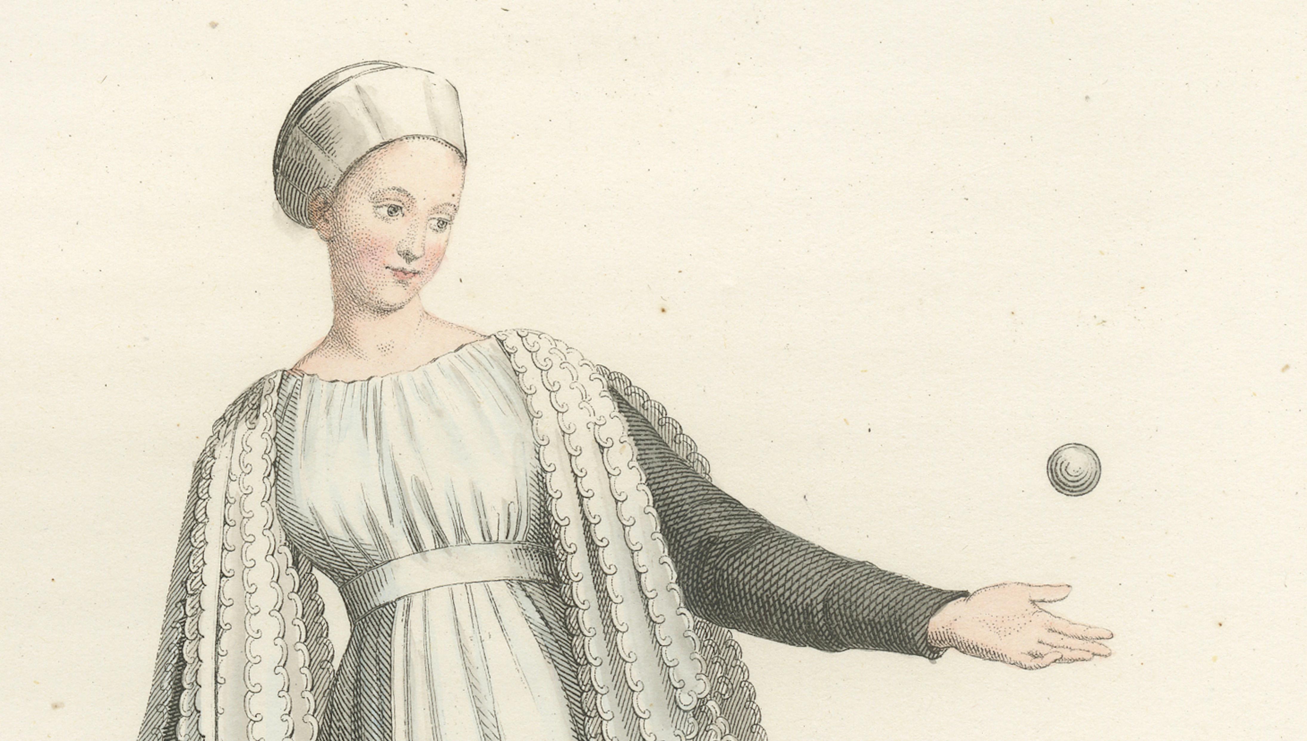 Medieval Tennis Costume Study, Hand-Colored Lithograph c.1845
