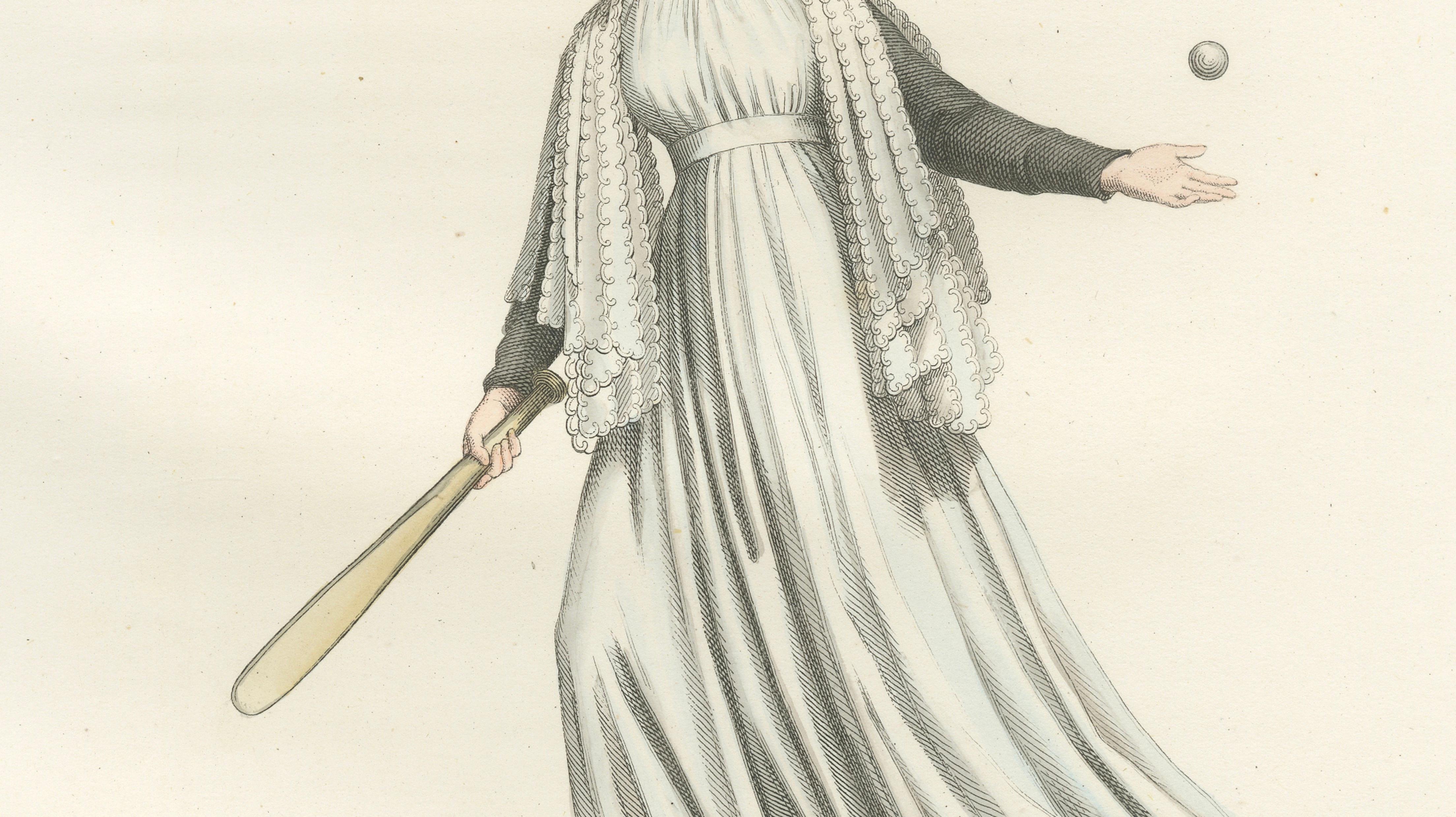 Medieval Tennis Costume Study, Hand-Colored Lithograph c.1845