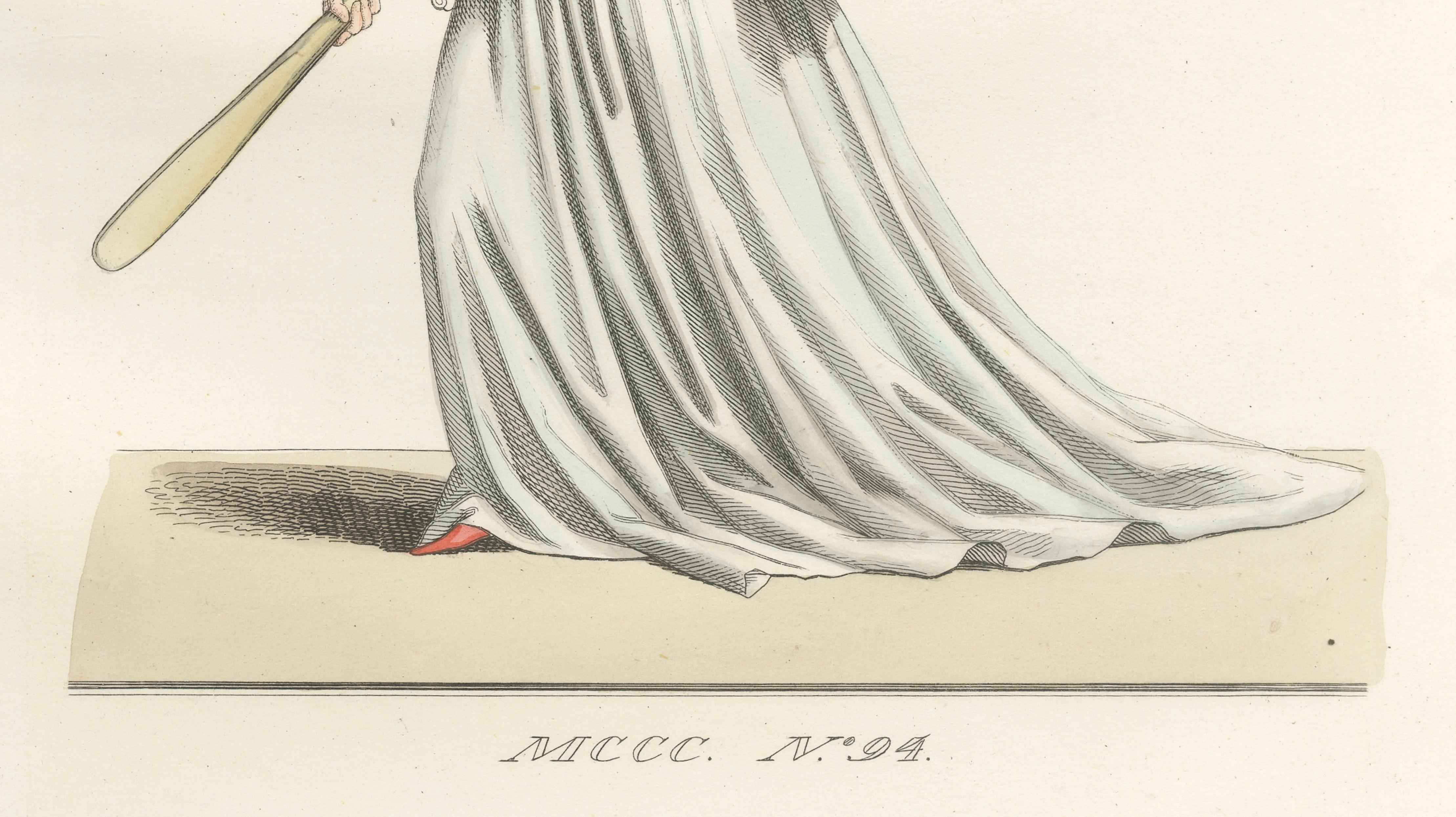 Medieval Tennis Costume Study, Hand-Colored Lithograph c.1845