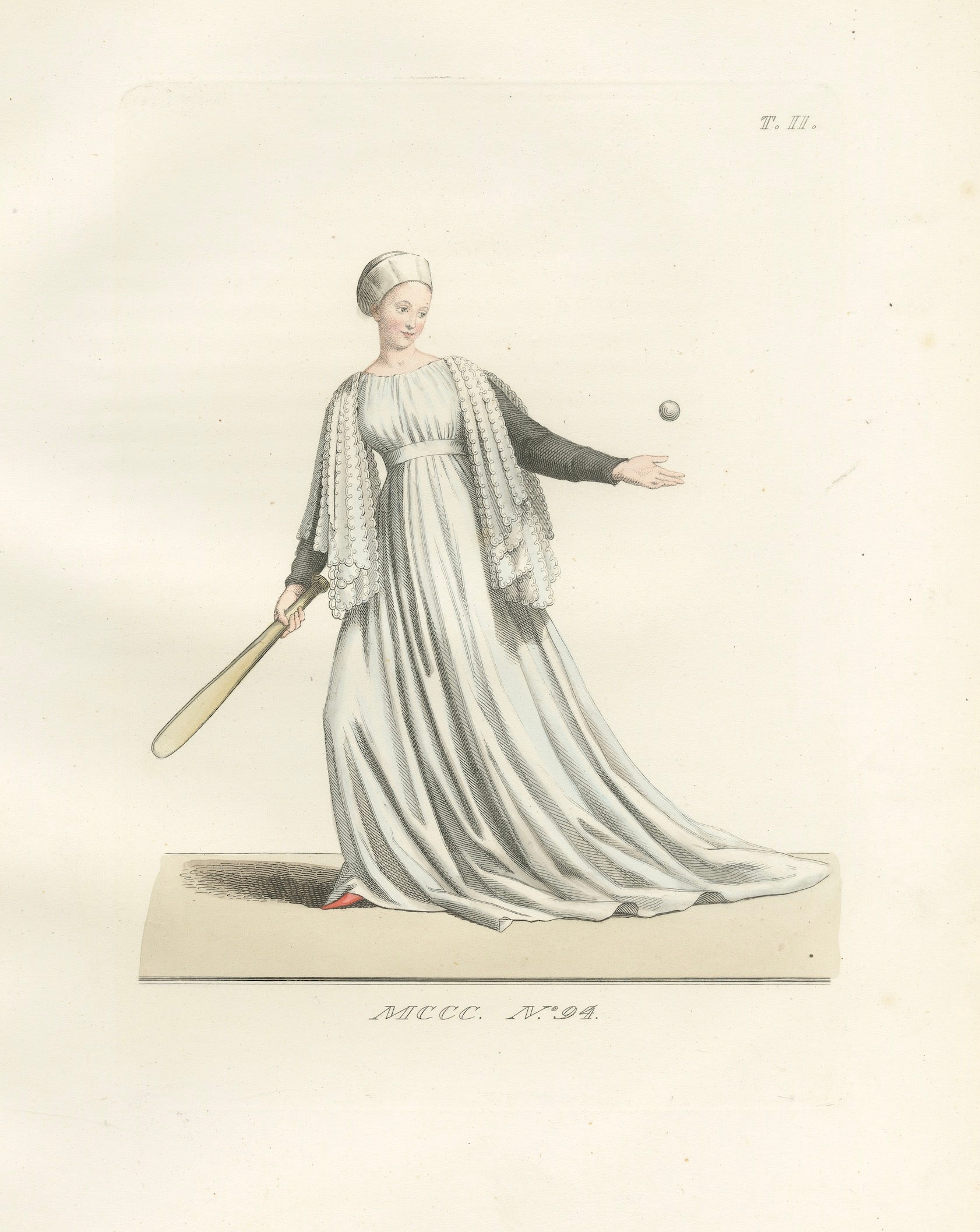 Medieval Tennis Costume Study, Hand-Colored Lithograph c.1845