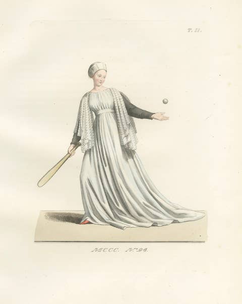 Medieval Tennis Costume Study, Hand-Colored Lithograph c.1845
