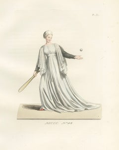 Medieval Tennis Costume Study, Hand-Colored Lithograph c.1845