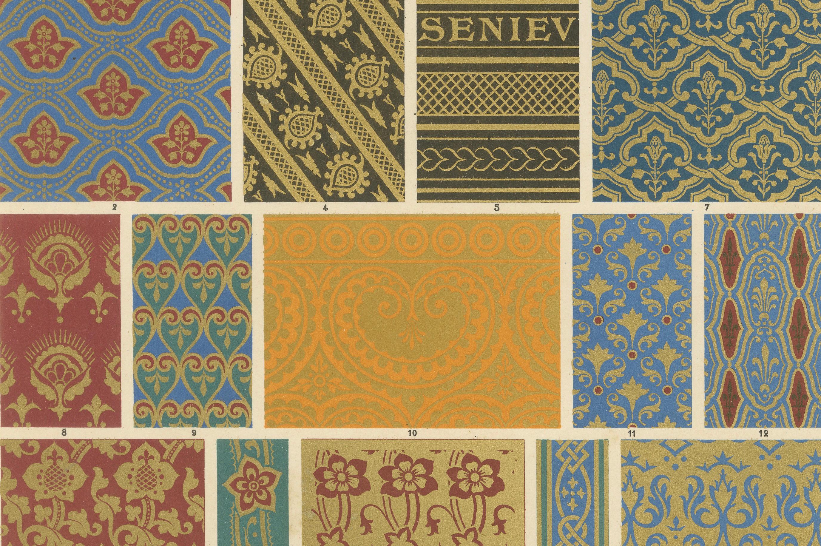 Patrones textiles medievales - Tejidos decorativos de la Edad Media, Lámina XLVII, c.1869

Esta cromolitografía bellamente compuesta de L'Ornement Polychrome (Lámina XLVII) muestra un conjunto de diseños textiles medievales ricamente estampados. La