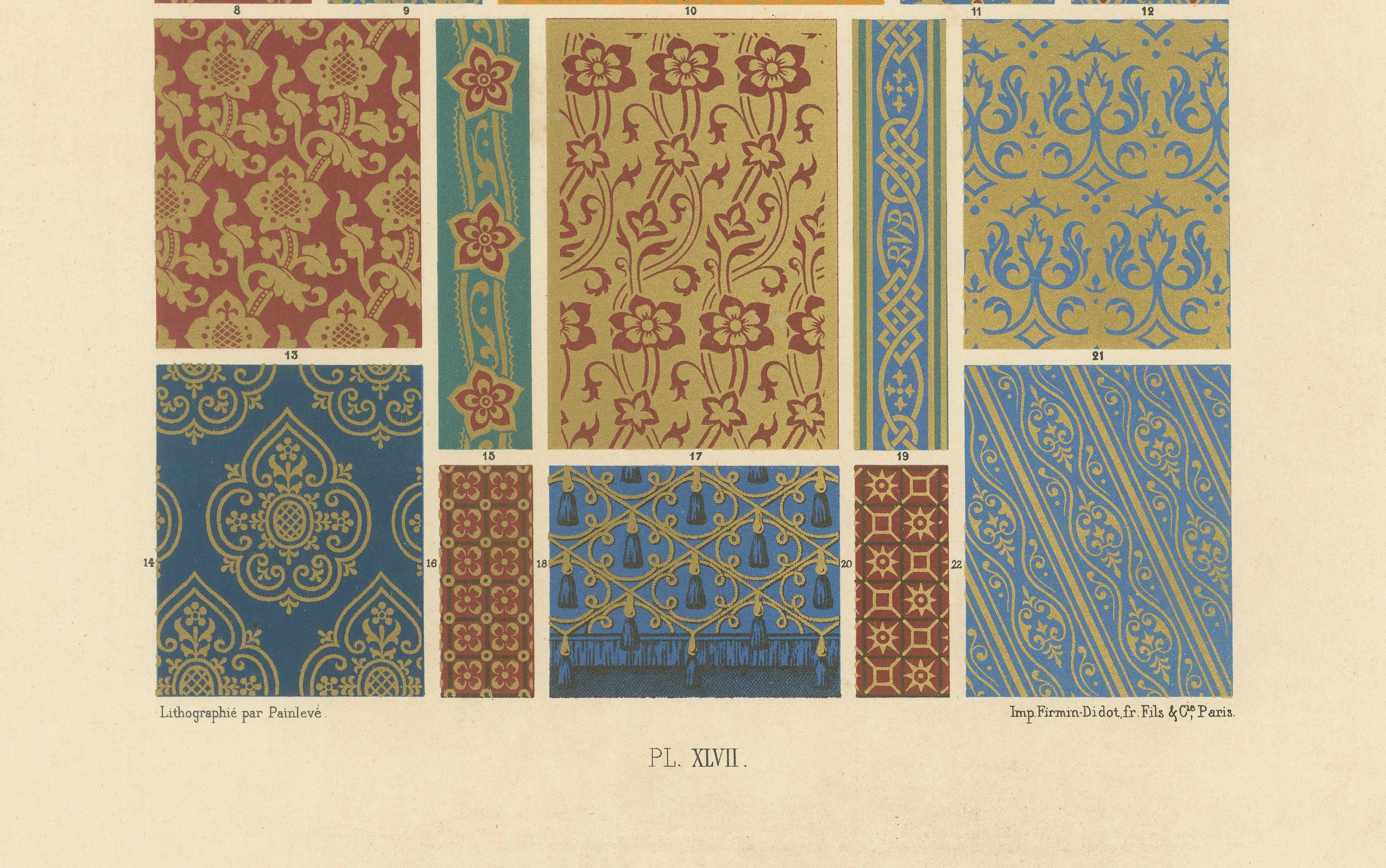 Patrones textiles medievales - Tejidos decorativos de la Edad Media, Lámina XLVII, c.1869 Francés en venta
