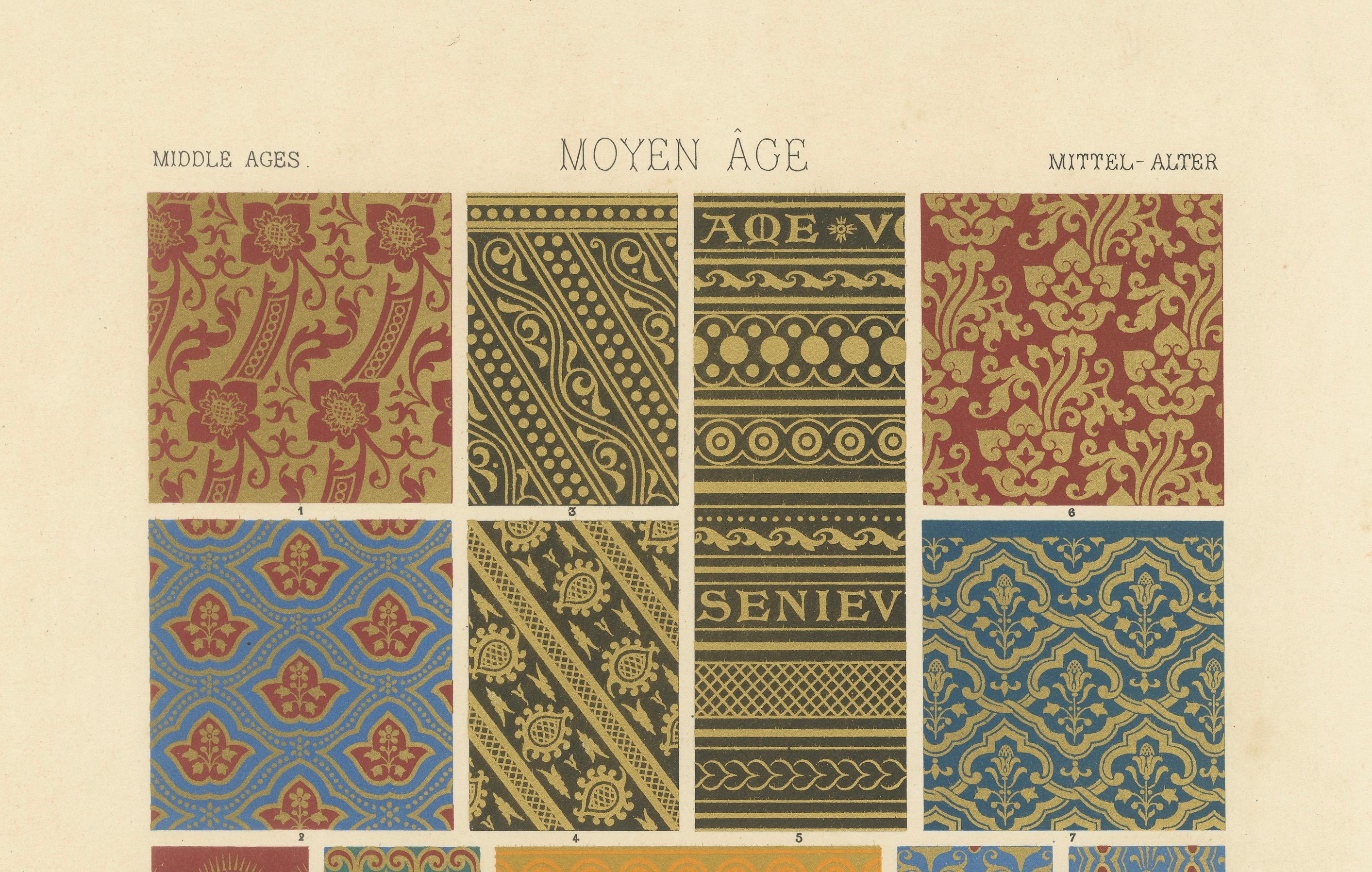Patrones textiles medievales - Tejidos decorativos de la Edad Media, Lámina XLVII, c.1869 en Bueno estado para la venta en Langweer, NL