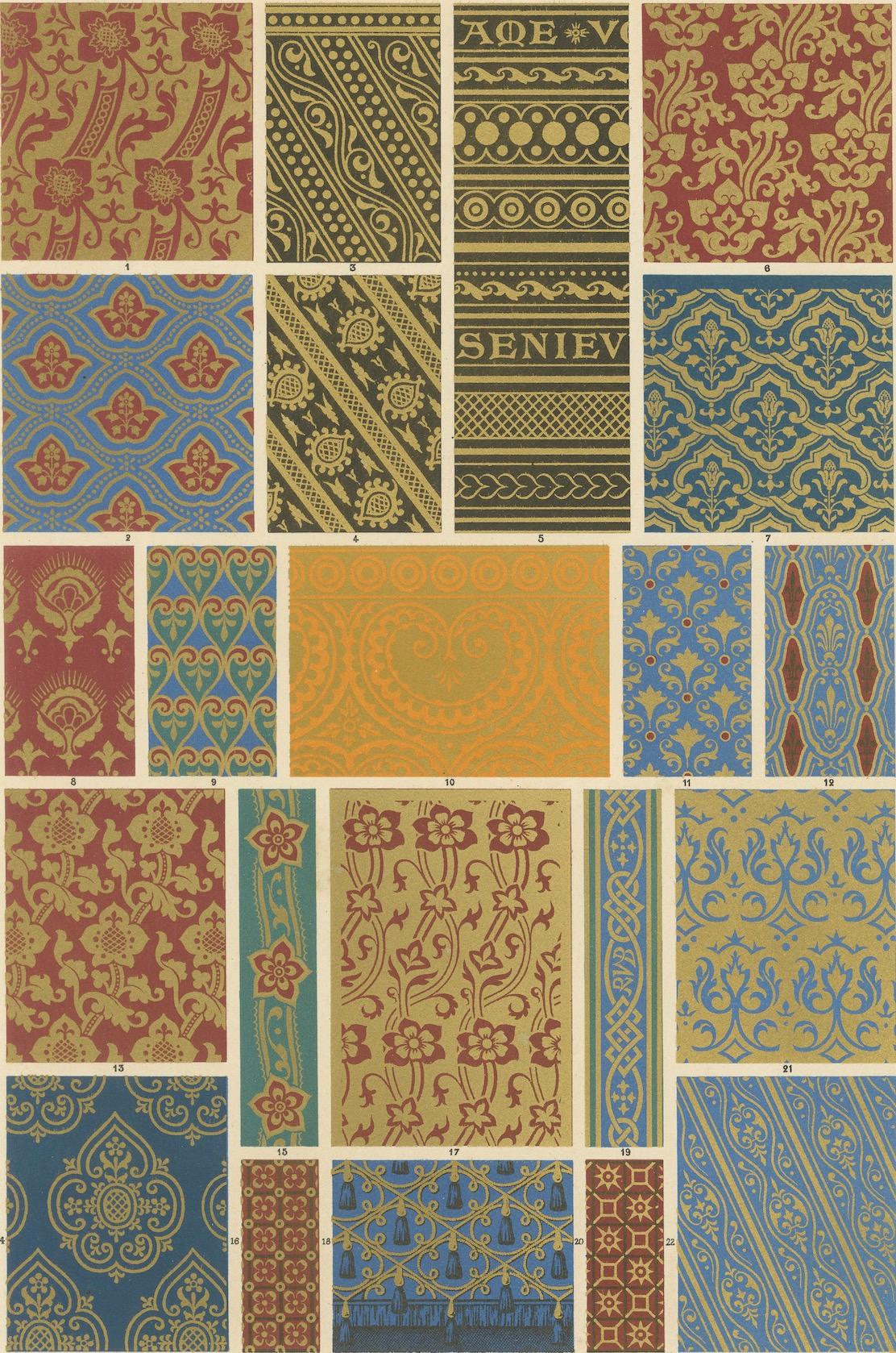 Patrones textiles medievales - Tejidos decorativos de la Edad Media, Lámina XLVII, c.1869 siglo XIX en venta