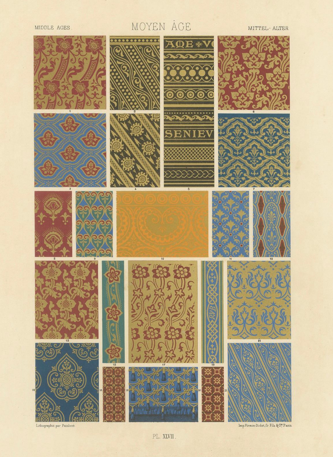 Patrones textiles medievales - Tejidos decorativos de la Edad Media, Lámina XLVII, c.1869 Papel en venta