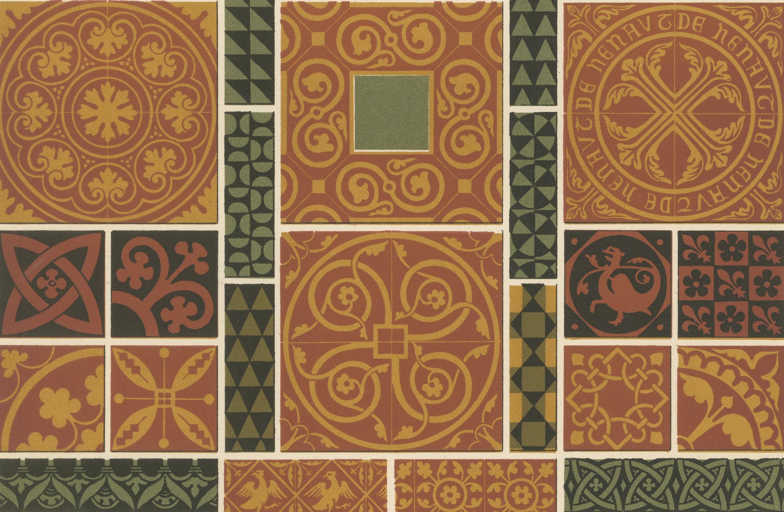 Diseños de azulejos medievales - Motivos románicos y góticos, Lámina XLVI, c.1869

Esta llamativa cromolitografía de L'Ornement Polychrome (Lámina XLVI) muestra una colección de diseños de baldosas medievales en tonos rojo tierra, ocre, verde oliva
