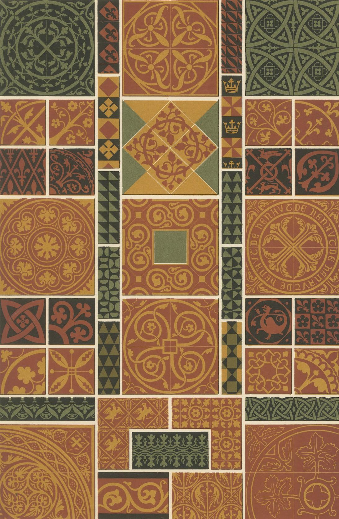 Diseños de azulejos medievales - Motivos románicos y góticos, Lámina XLVI, c.1869 siglo XIX en venta
