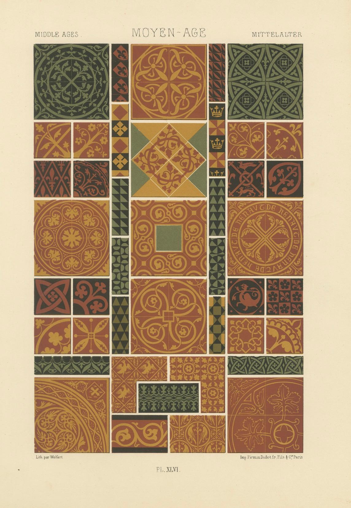 Diseños de azulejos medievales - Motivos románicos y góticos, Lámina XLVI, c.1869 Papel en venta