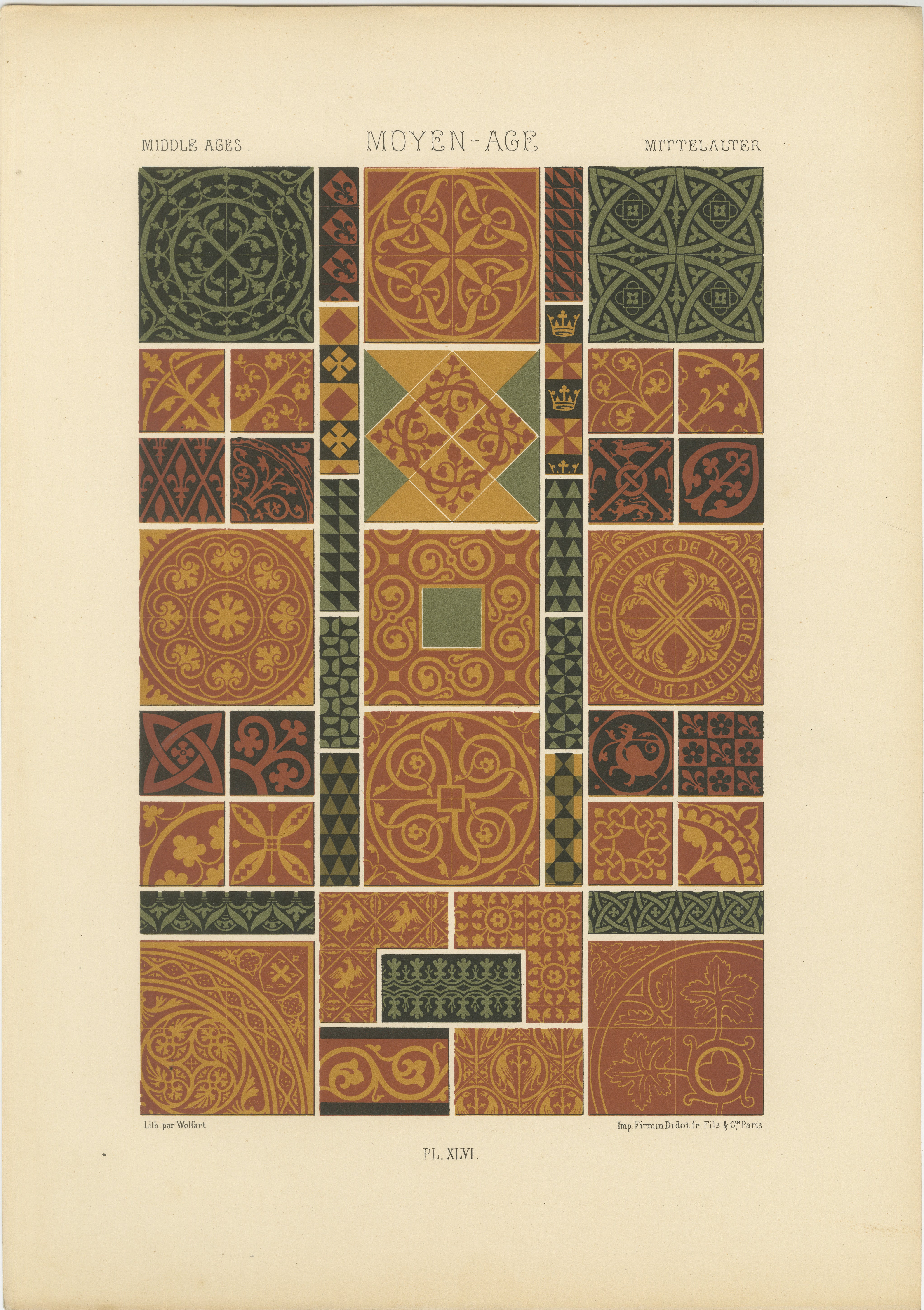 Diseños de azulejos medievales - Motivos románicos y góticos, Lámina XLVI, c.1869 en venta