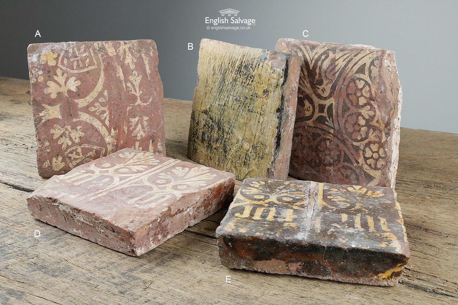 Very old and extremely rare medieval encaustic tiles dating from 14th-16th century. Identical to ones found in Great Malvern Priory. Five floral / patterned and one plain (this one is priced at £60). Measurements vary from 13/13.5cm square x 2.8cm