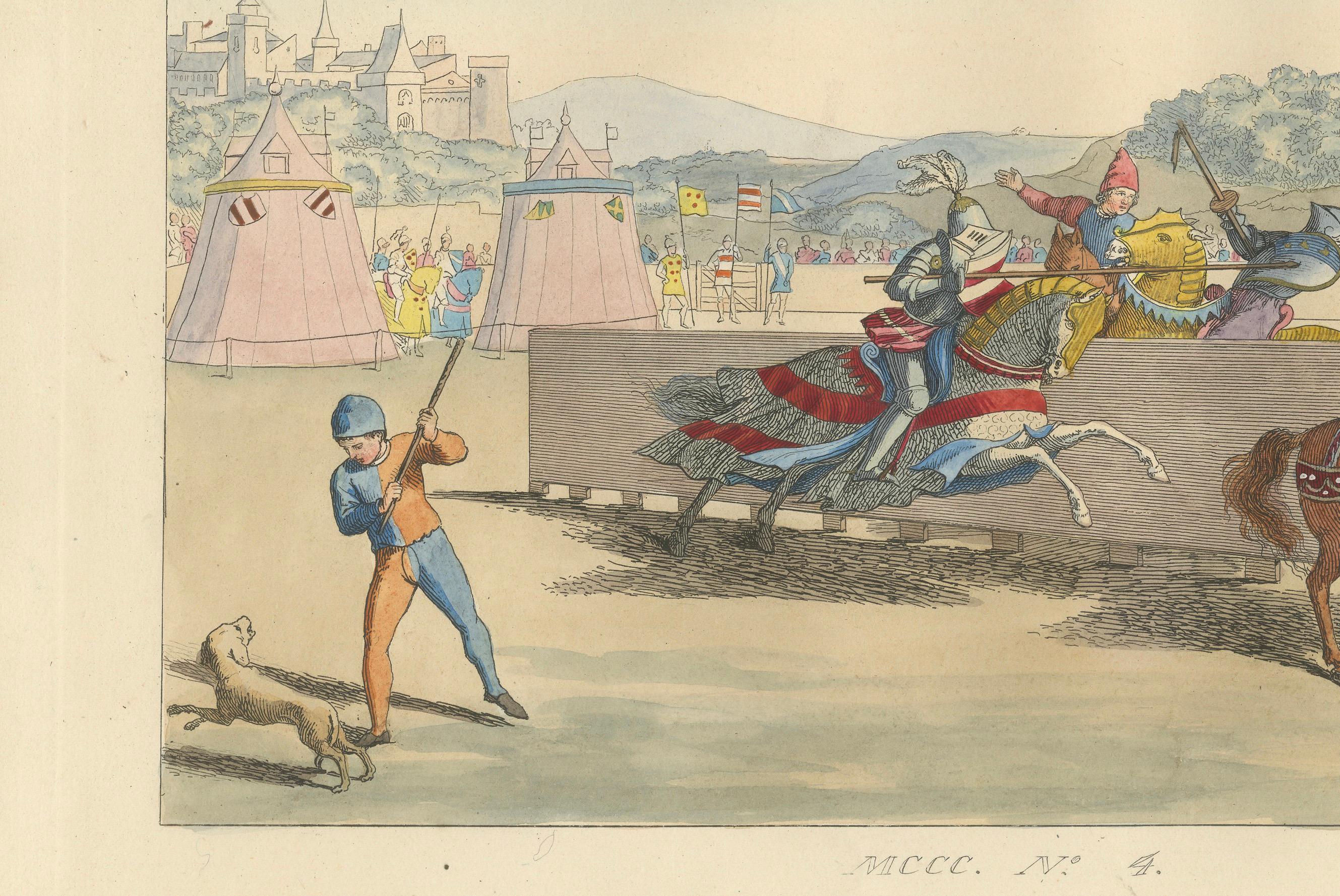 Title:
Pas d’Armes Jousting Scene with French and English Knights, circa 1390

Description:
This richly hand-colored lithograph vividly illustrates a historical jousting encounter known as a 