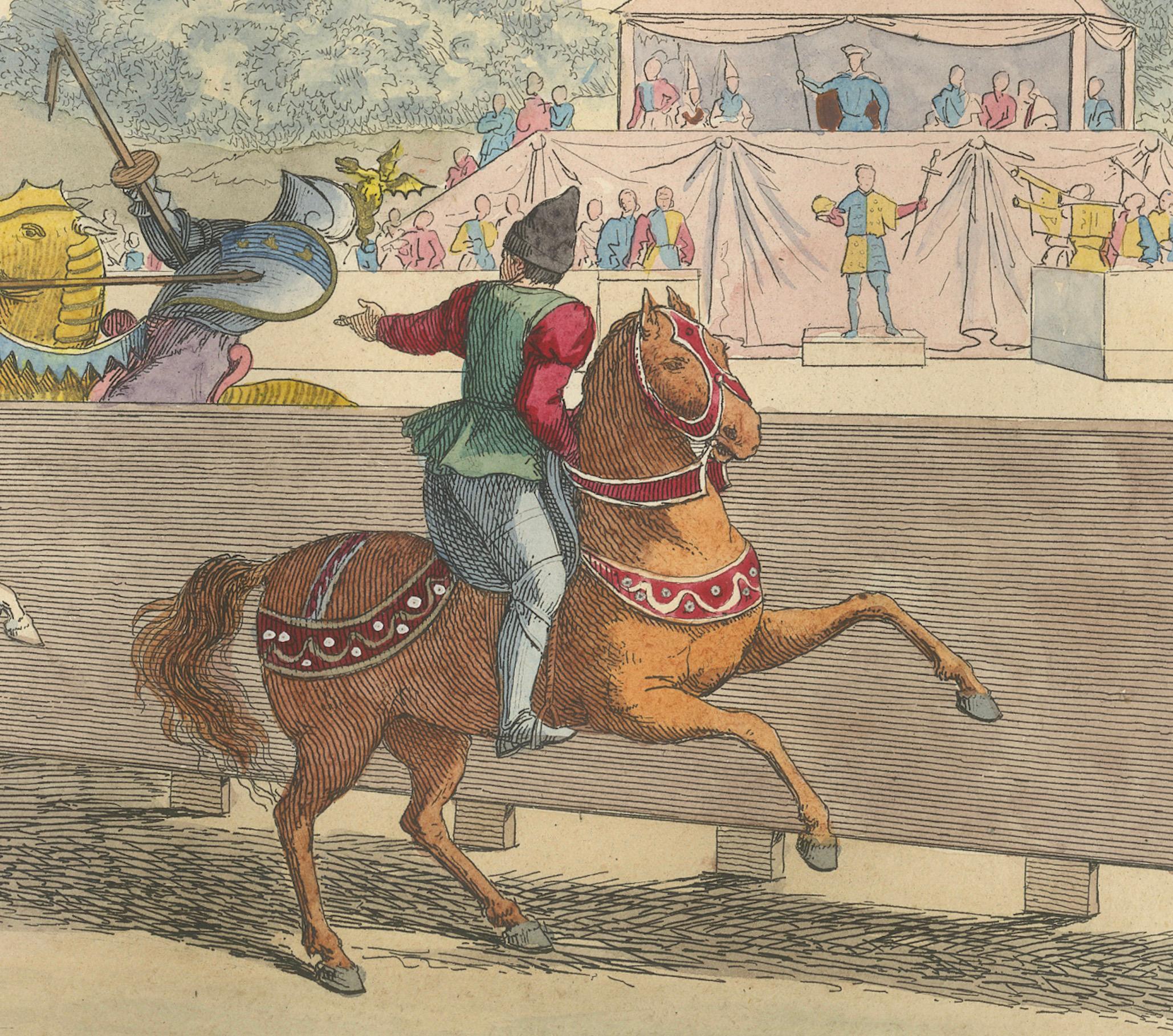 French Medieval Tournament Joust Scene with Knights and Spectators, 1845 For Sale