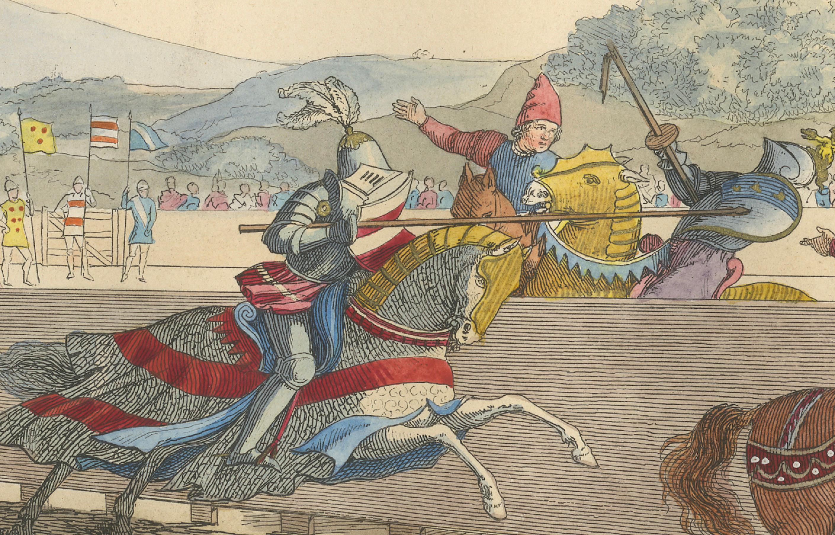 Engraved Medieval Tournament Joust Scene with Knights and Spectators, 1845 For Sale
