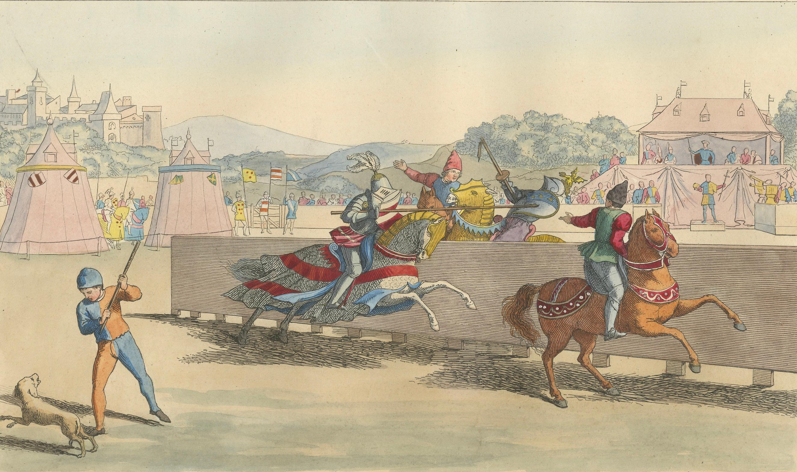 Medieval Tournament Joust Scene with Knights and Spectators, 1845 In Good Condition For Sale In Langweer, NL