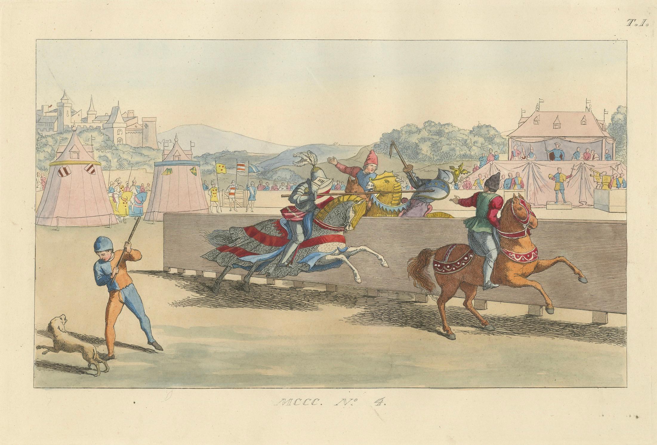 19th Century Medieval Tournament Joust Scene with Knights and Spectators, 1845 For Sale