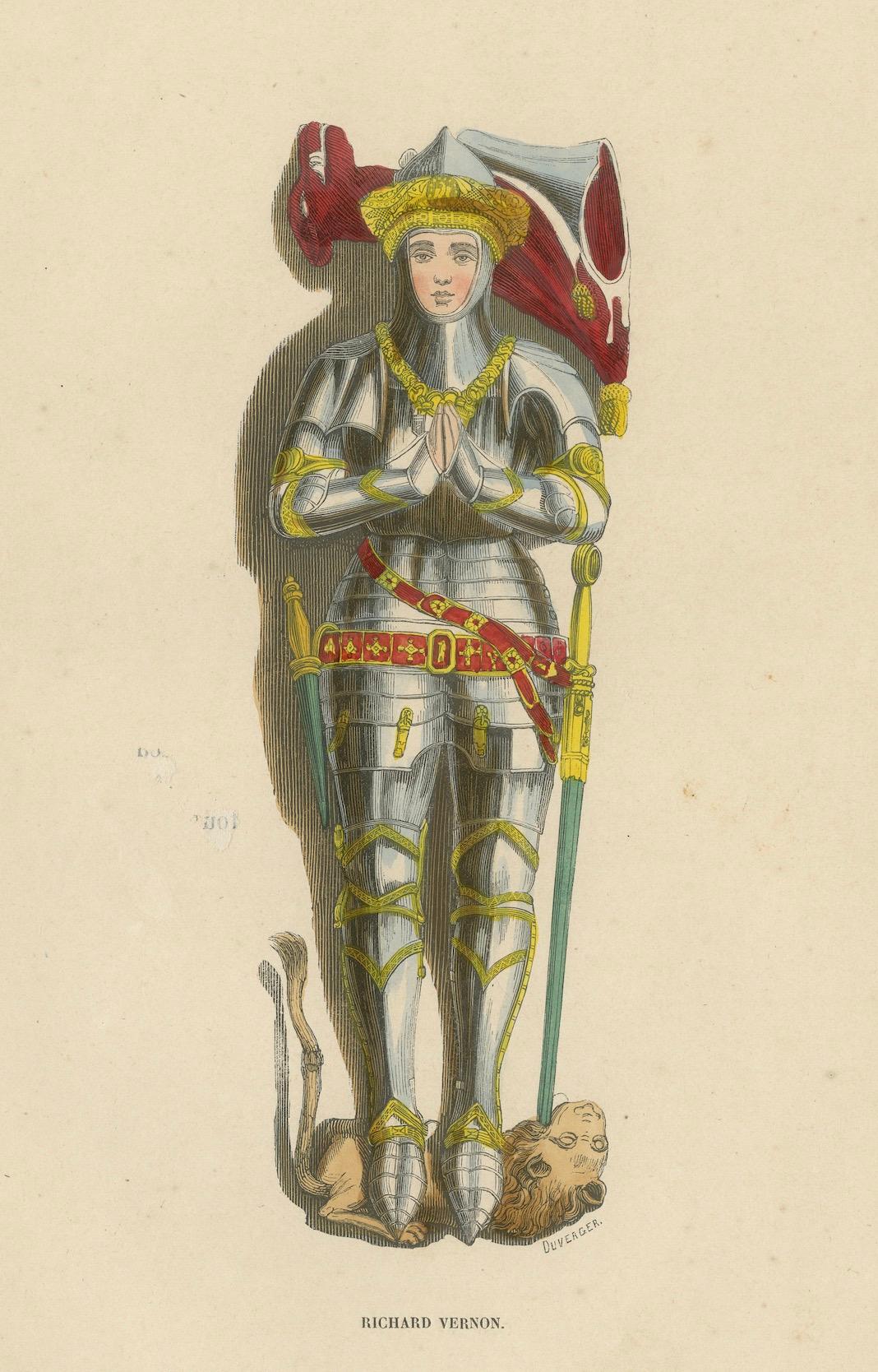 Medieval Valor: Sir Richard Vernon in Full Armor, Original Lithograph of 1847 In Good Condition For Sale In Langweer, NL