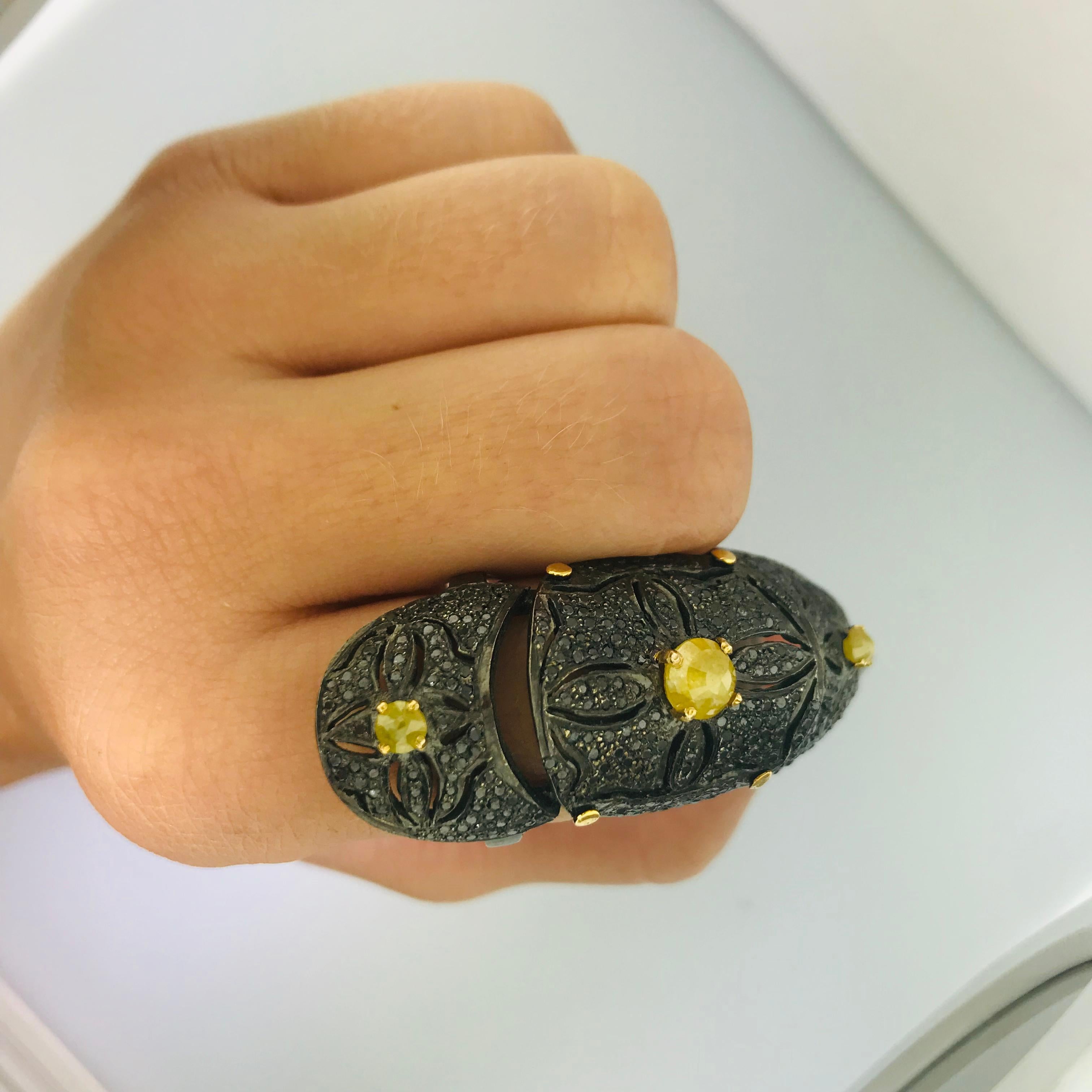 Artisan Medieval Vintage Ring 4 Carat tw Black Diamond & Yellow Diamond Knuckle Ring 