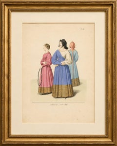 Medieval Women's Costumes c.1300, Hand-Colored Costume Plate, Mercuri 1845