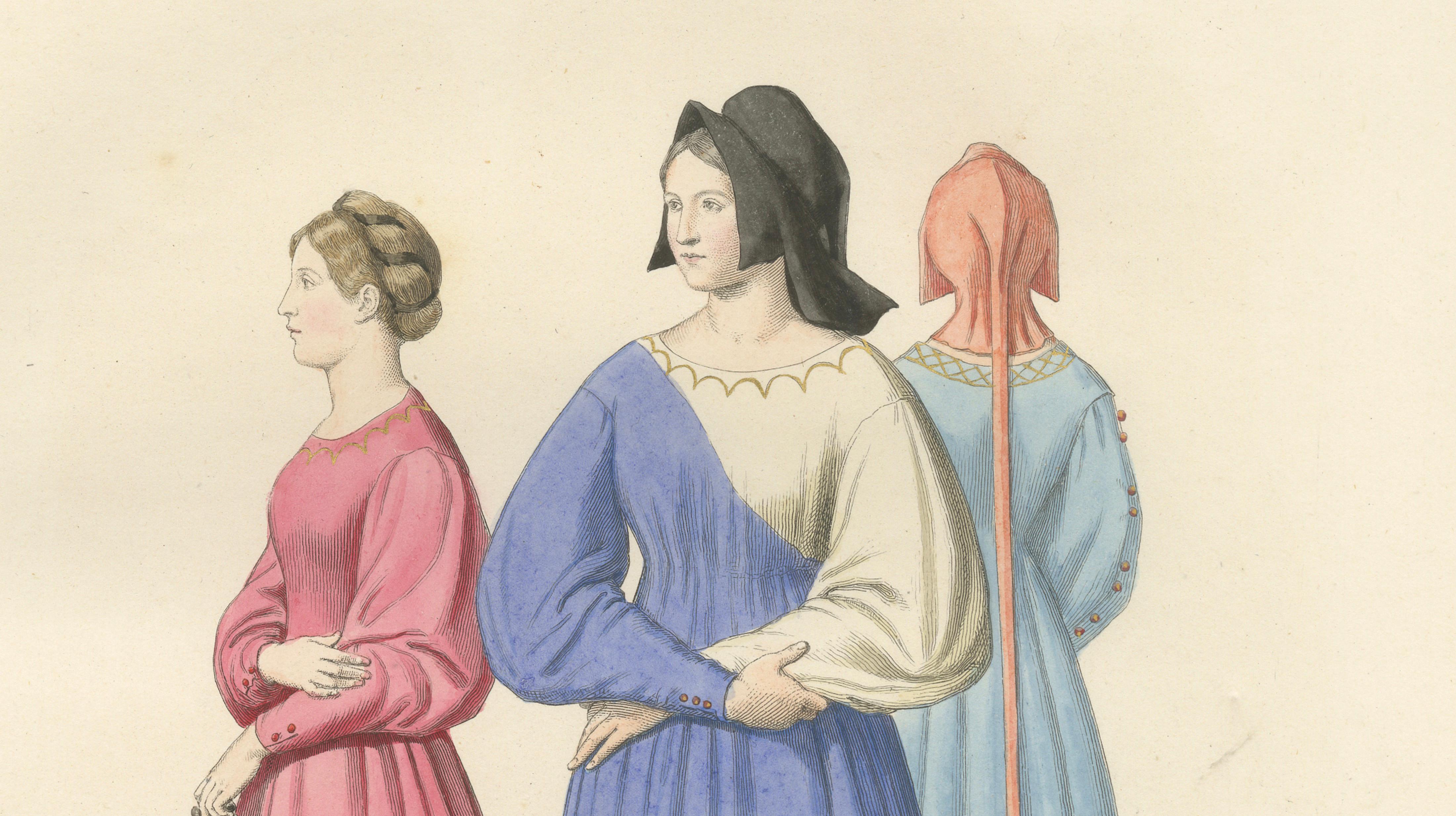 Medieval Women's Costumes c.1300, Hand-Colored Costume Plate, Mercuri 1845