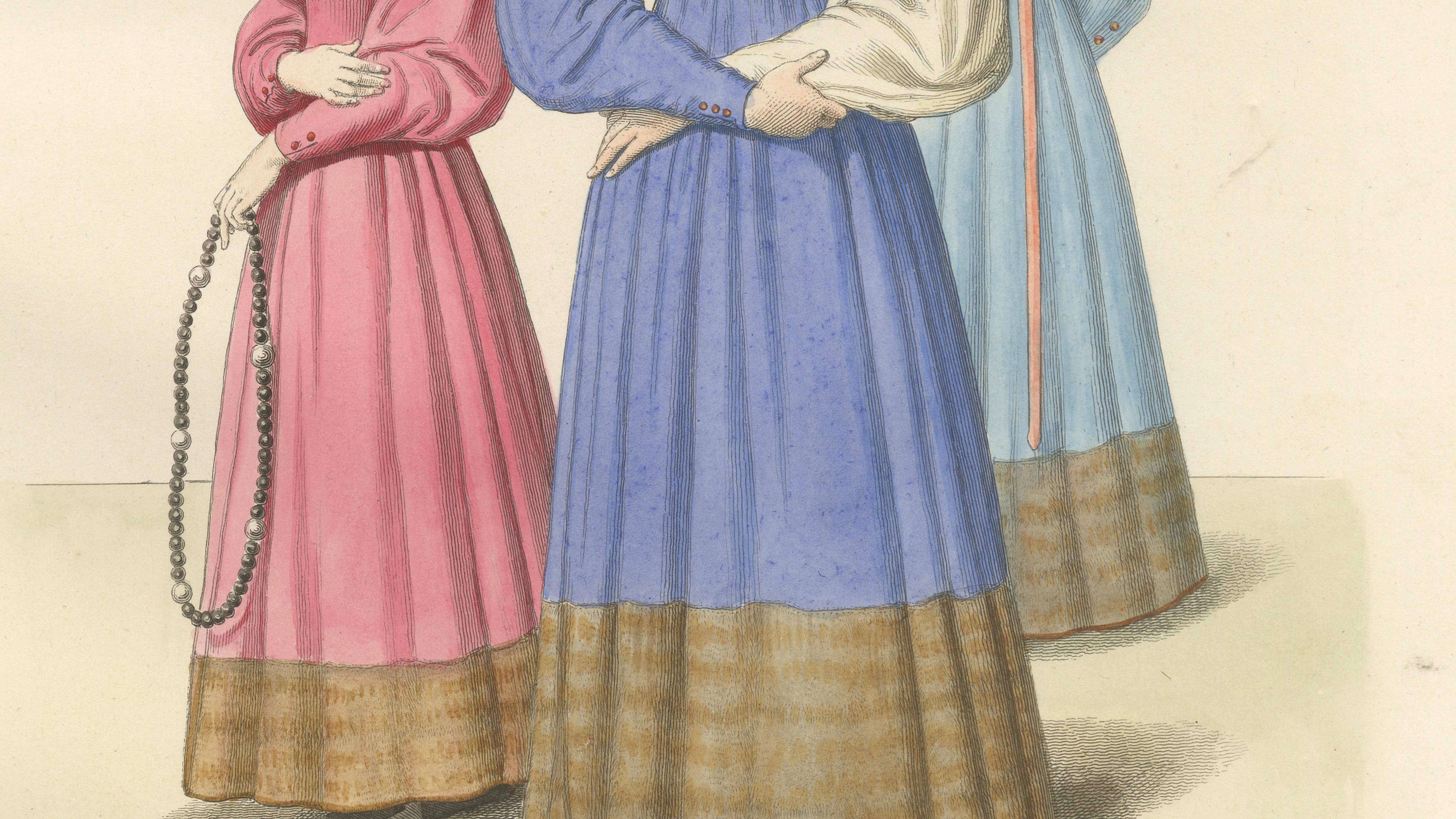 Medieval Women's Costumes c.1300, Hand-Colored Costume Plate, Mercuri 1845