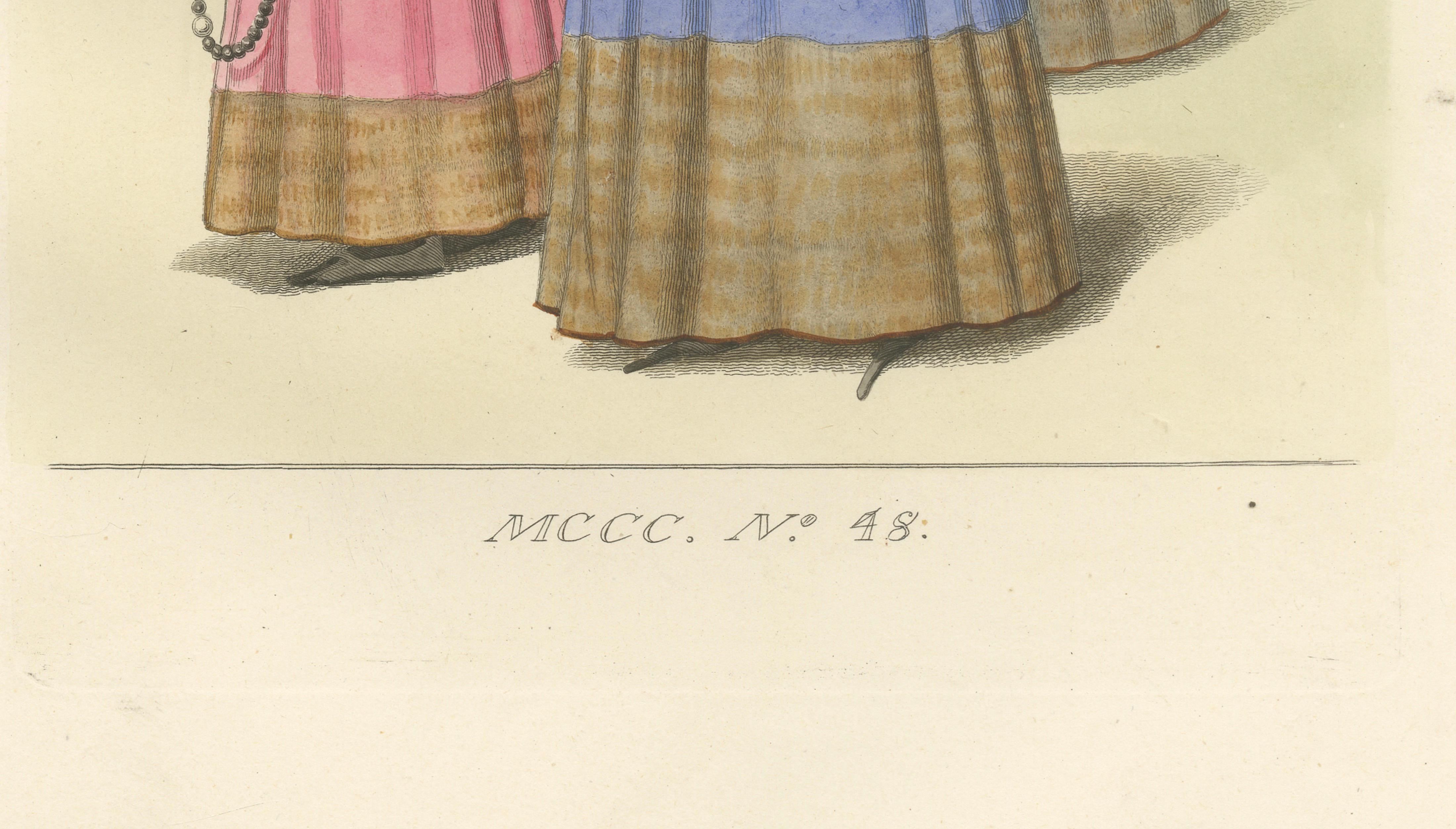 Medieval Women's Costumes c.1300, Hand-Colored Costume Plate, Mercuri 1845