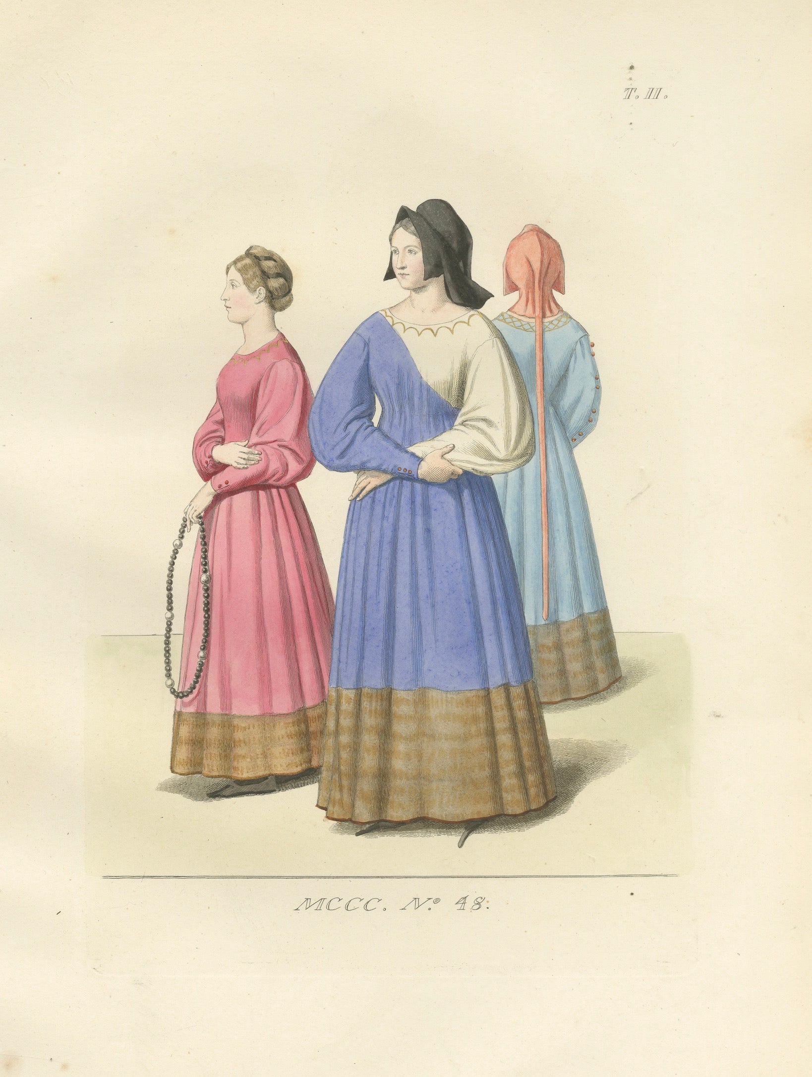 Medieval Women's Costumes c.1300, Hand-Colored Costume Plate, Mercuri 1845