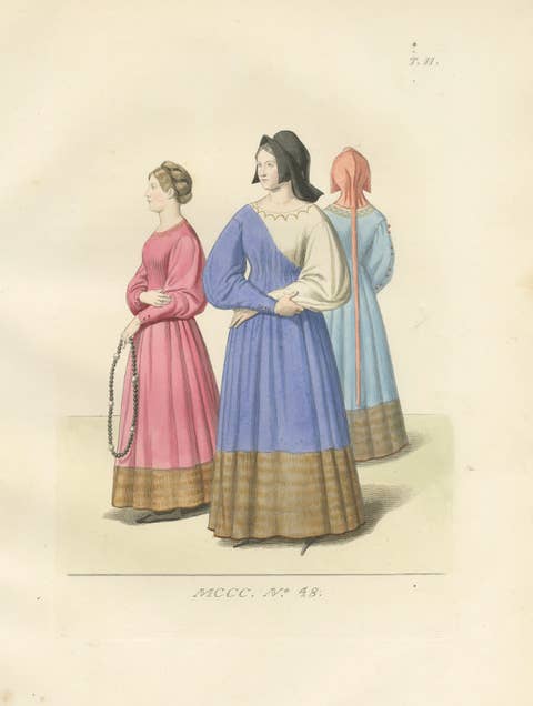 Medieval Women's Costumes c.1300, Hand-Colored Costume Plate, Mercuri 1845