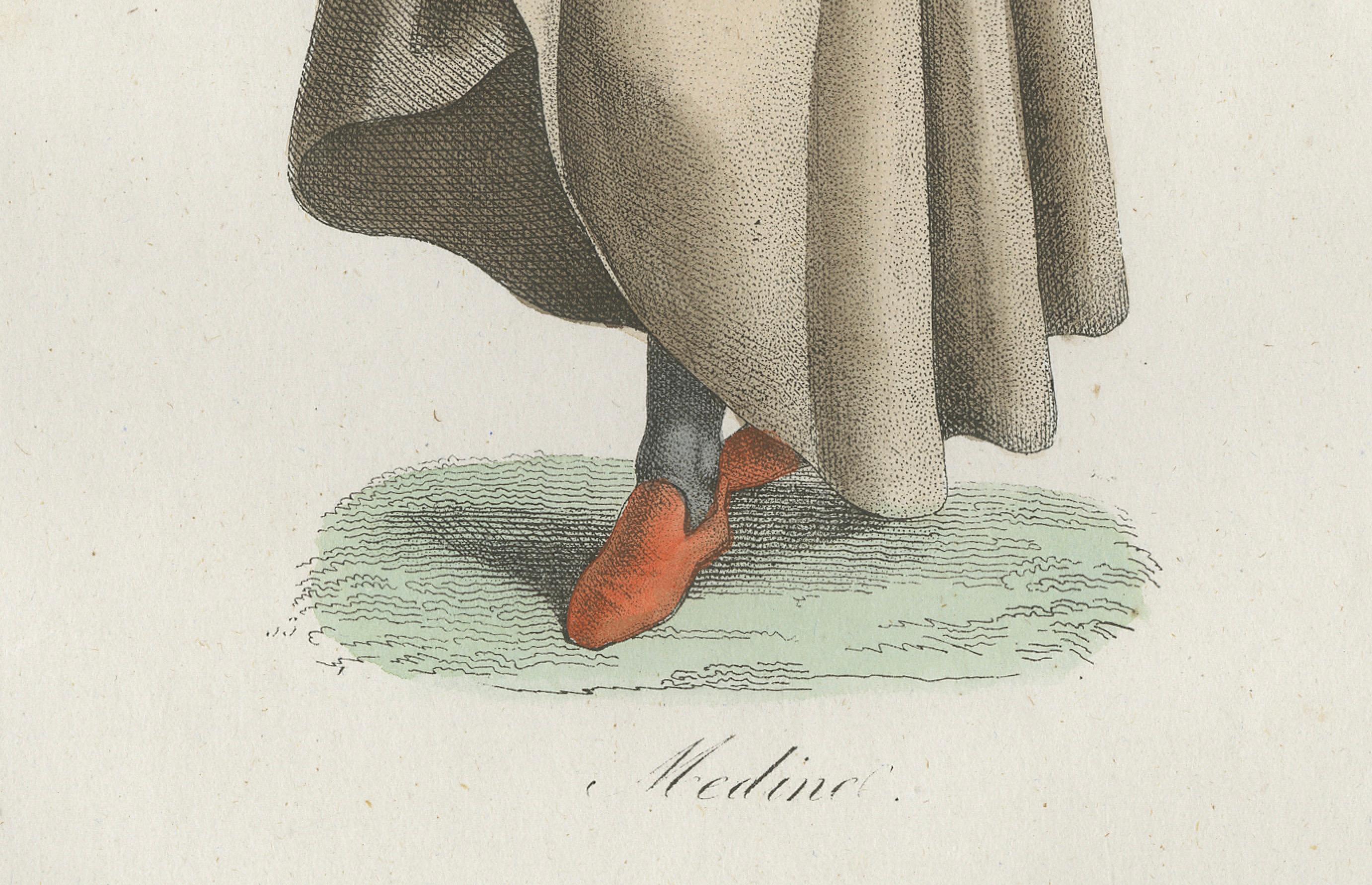 Medina Mann Kostüm Druck - Antike handkolorierte Lithographie, 1854

Diese antike handkolorierte Lithografie, die 1854 in Album des Voyages Anciens et Modernes von Martial Ardant Frères veröffentlicht wurde, zeigt einen Mann aus Medina, einer der