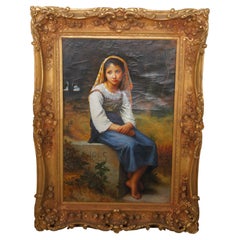 Meditation After William Adolphe Bouguereau Oil On Canvas Seated Young Girl 48"