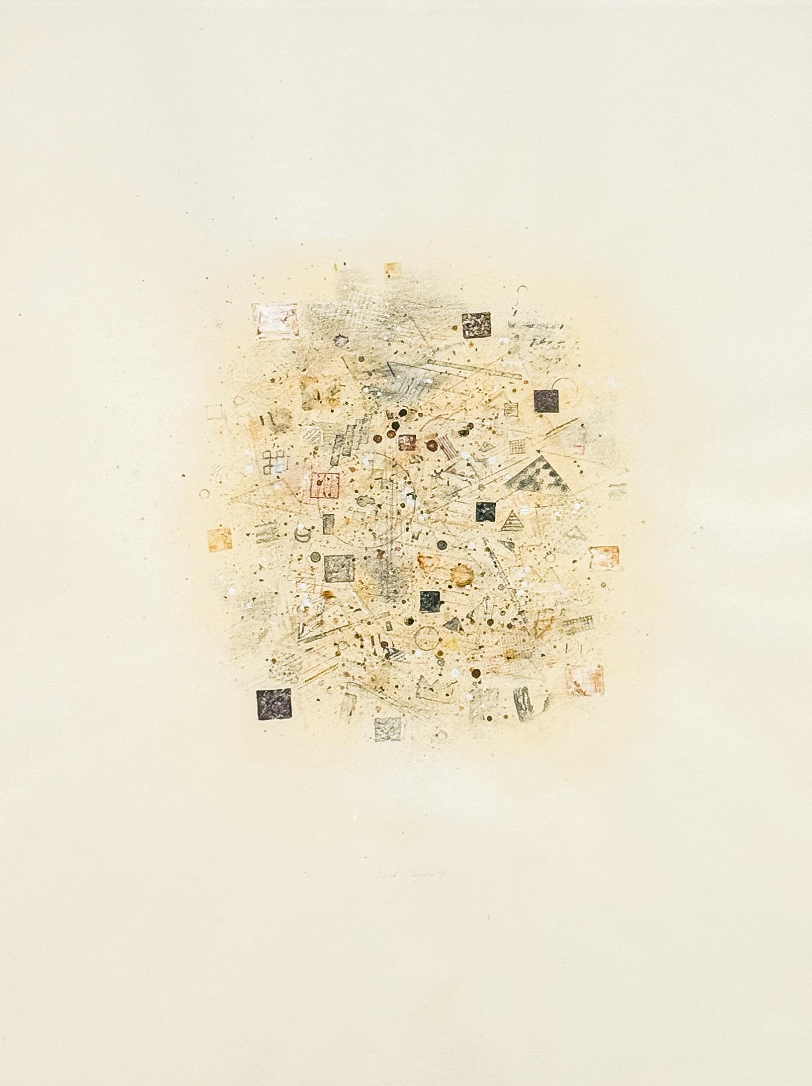 Der Künstler David Shapiro (Amerikaner, 1944-2014) wurde stark von östlichen Konzepten der Philosophie und Selbstverwirklichung beeinflusst. Dieses unbetitelte Werk aus dem Jahr 1977, eine Kombination aus Malerei, Zeichnung, Stempel und Collage,