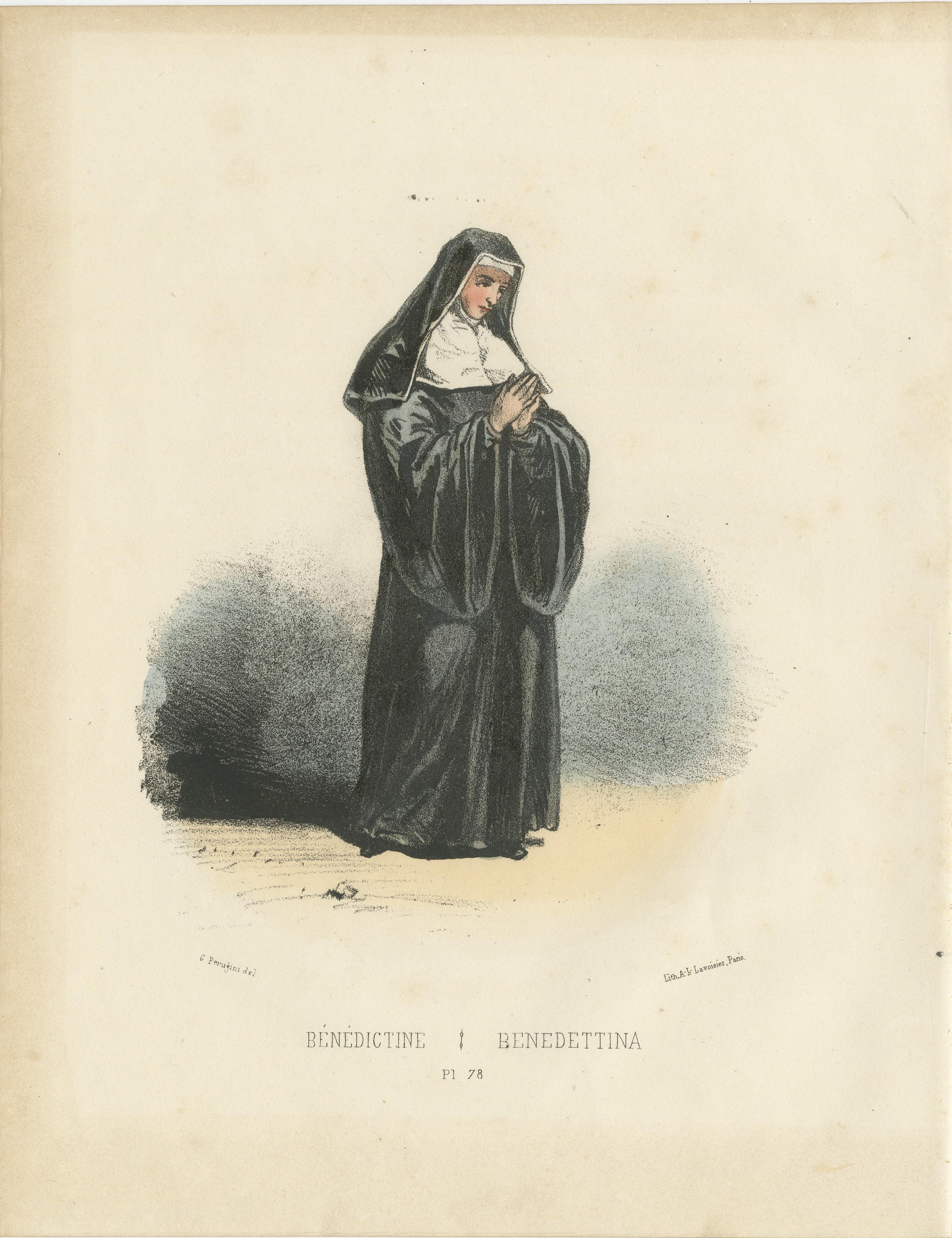 Meditative Serenity: Handcolored Print of a Benedictine Nun, 1862  

This serene handcolored lithograph, Meditative Serenity, is Plate 78 from the second edition of Album ou Collection Complète, et Historique des Costumes de la Cour de Rome,