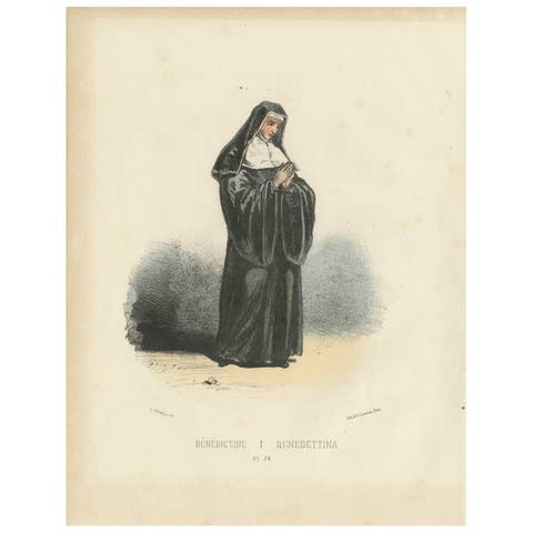 Meditative Serenity: Handcolored Print of a Benedictine Nun, 1862