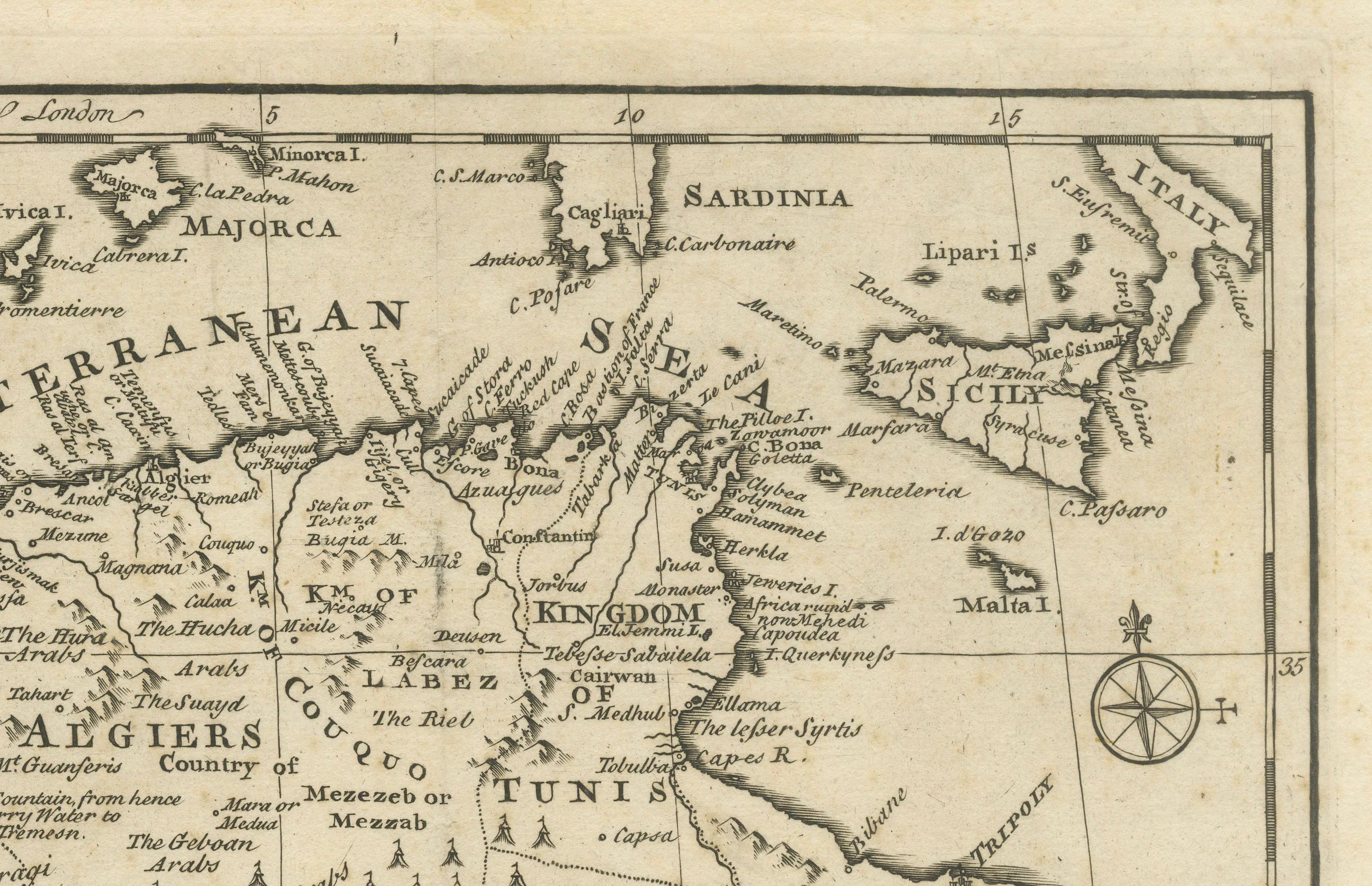 Mediterranean & Barbary Coast – Elegant 18th Century Map by Bowen, c.1747