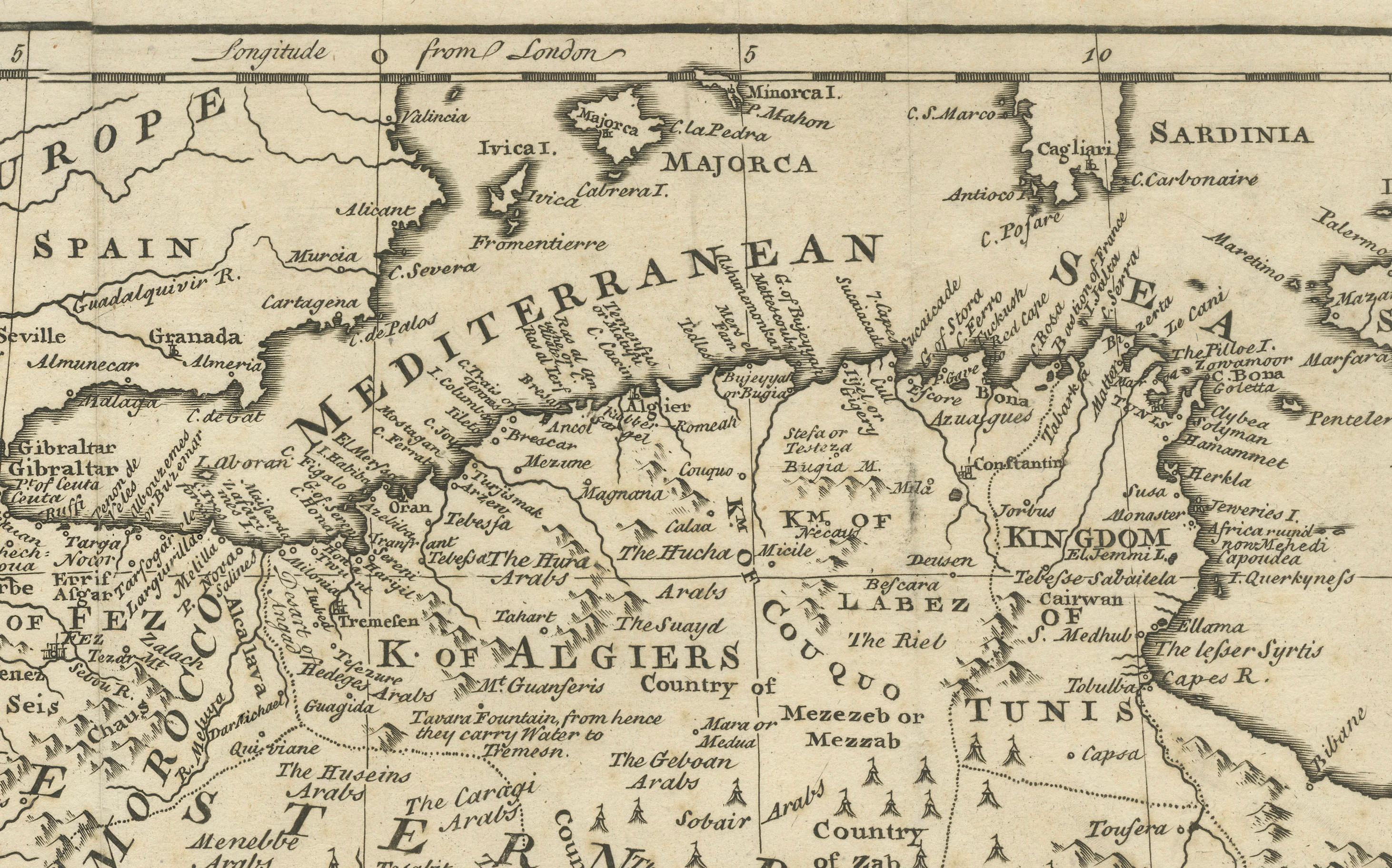 Mediterranean & Barbary Coast – Elegant 18th Century Map by Bowen, c.1747