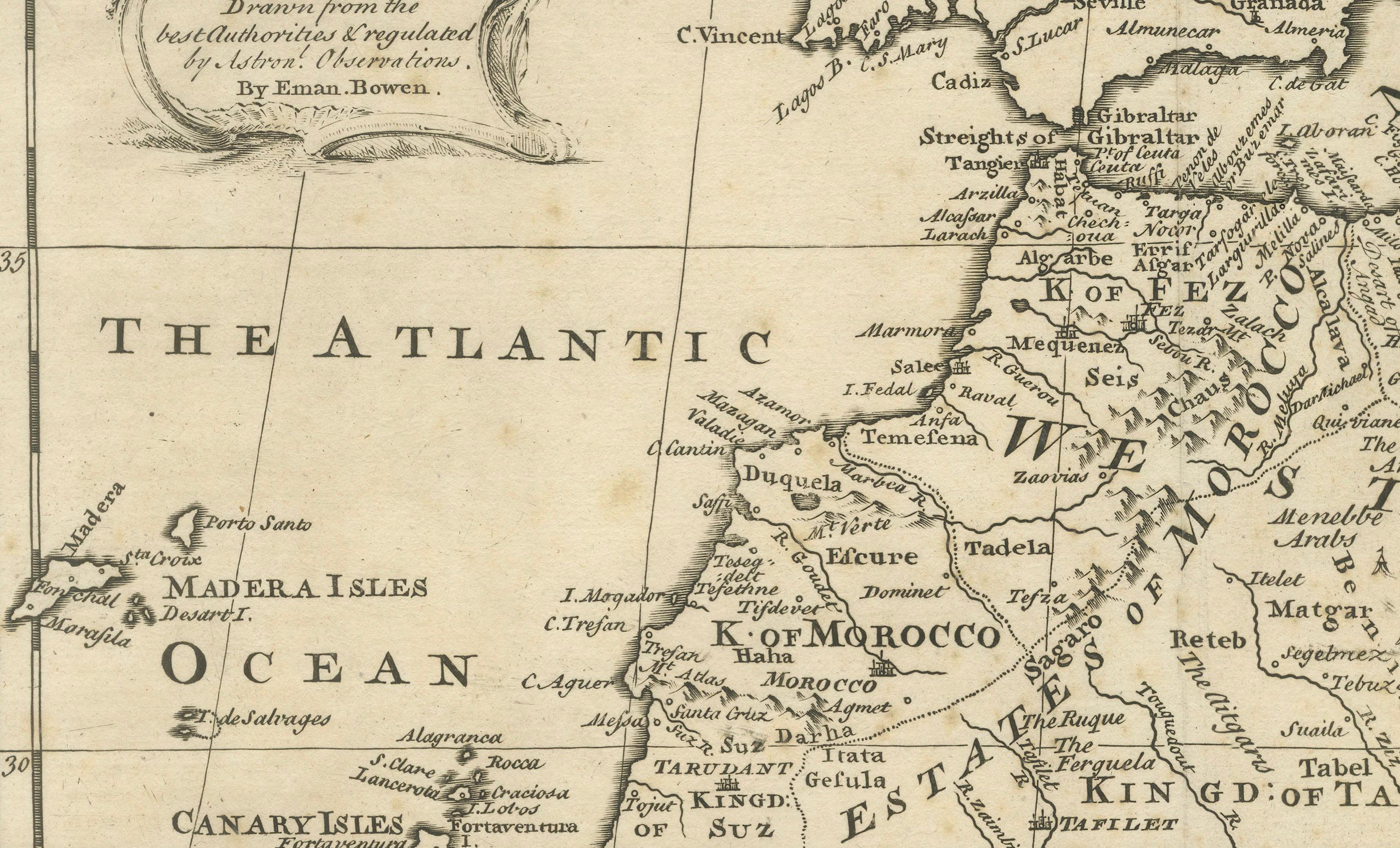 Mediterranean & Barbary Coast – Elegant 18th Century Map by Bowen, c.1747