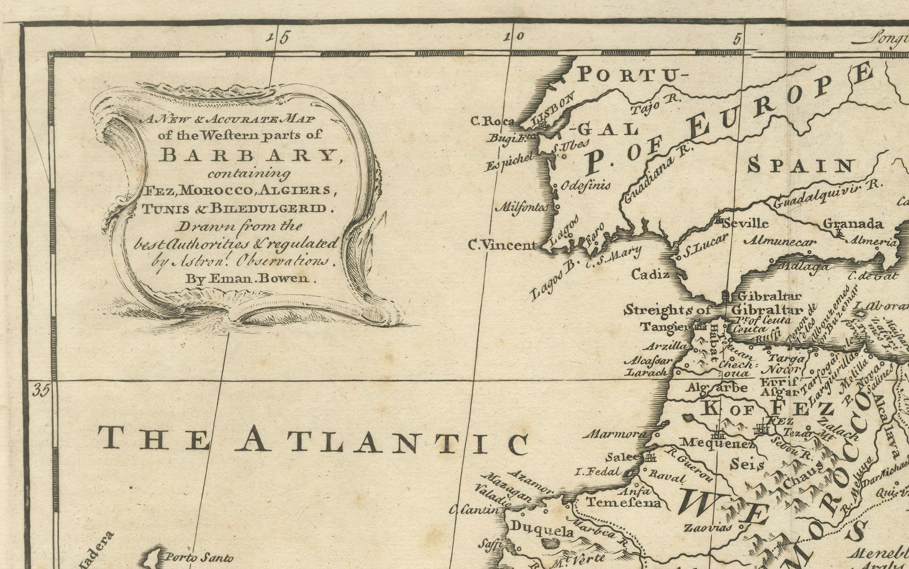 Mediterranean & Barbary Coast – Elegant 18th Century Map by Bowen, c.1747