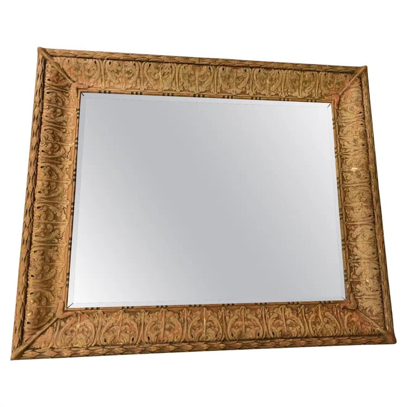 Antique Italian baroque style mirror. Great size for a powder room, guest bathroom mirror. Although the original gilt is no longer present, the frame still retains the character and charm of the period
Search term: Spanish Baroque, Mediterranean