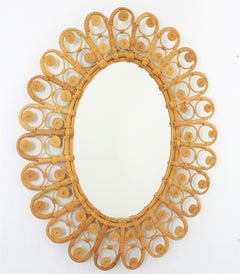 Mediterranean Bohemian Filigree Wicker & Rattan Large Oval Mirror, Spain, 1960s