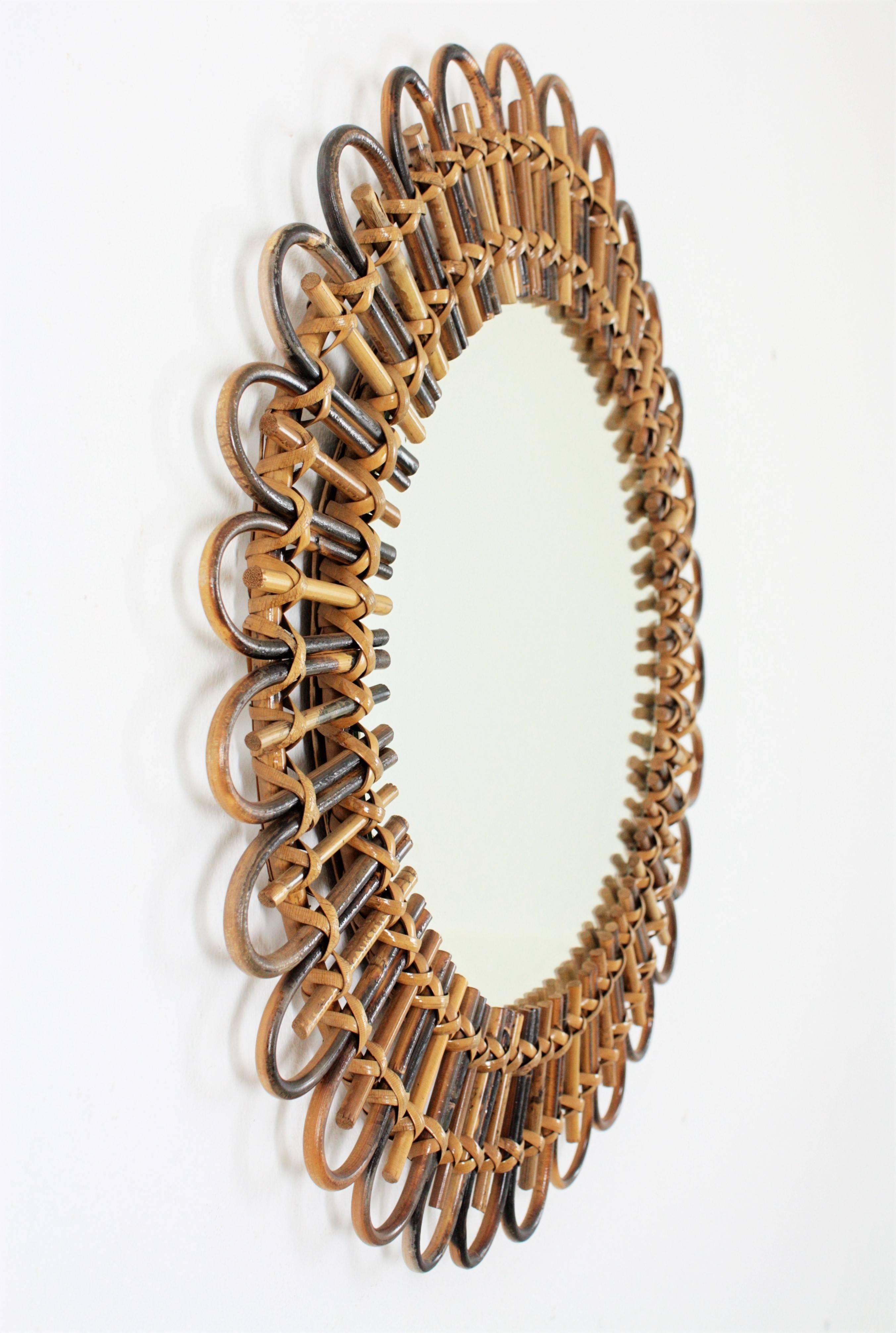 French Mediterranean Coast Two-Tone Rattan Bamboo Flower Shaped Mirror, France, 1960s