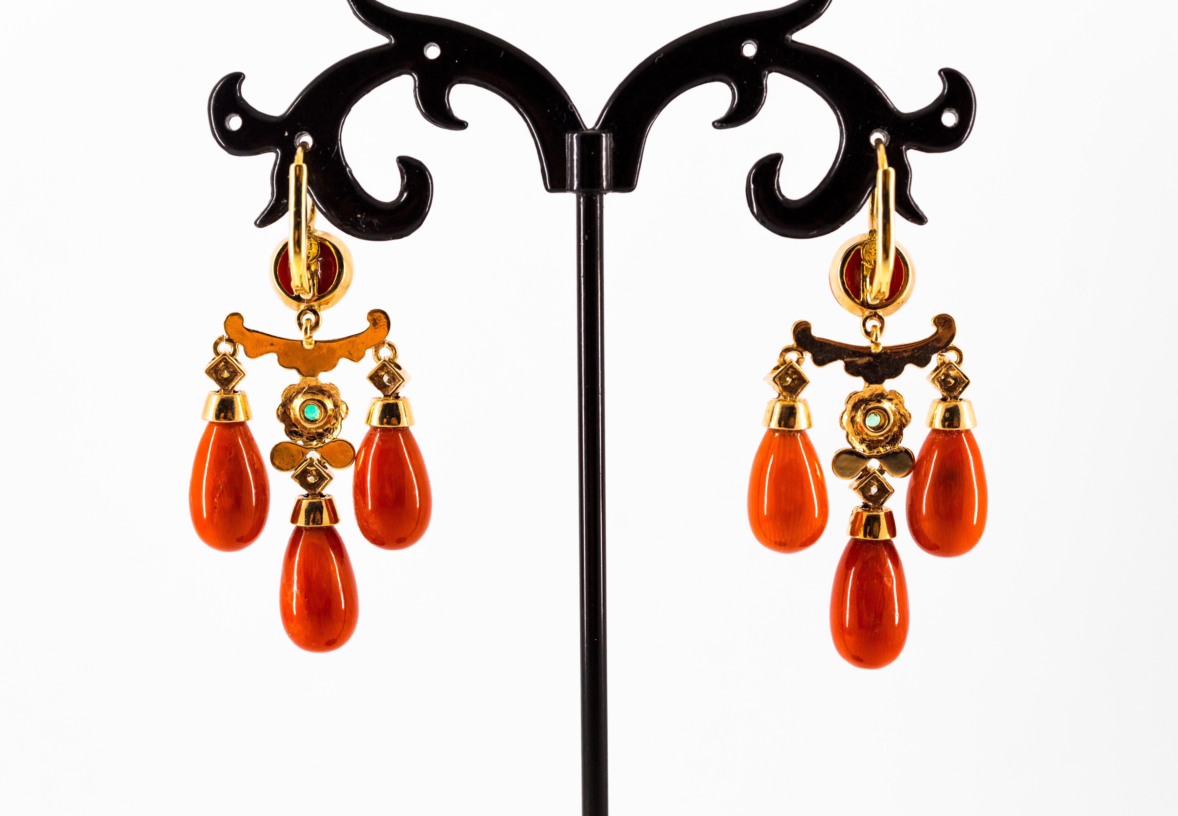 Mediterranean Coral 0.44 Carat White Diamond Emerald Yellow Gold Drop Earrings For Sale 4