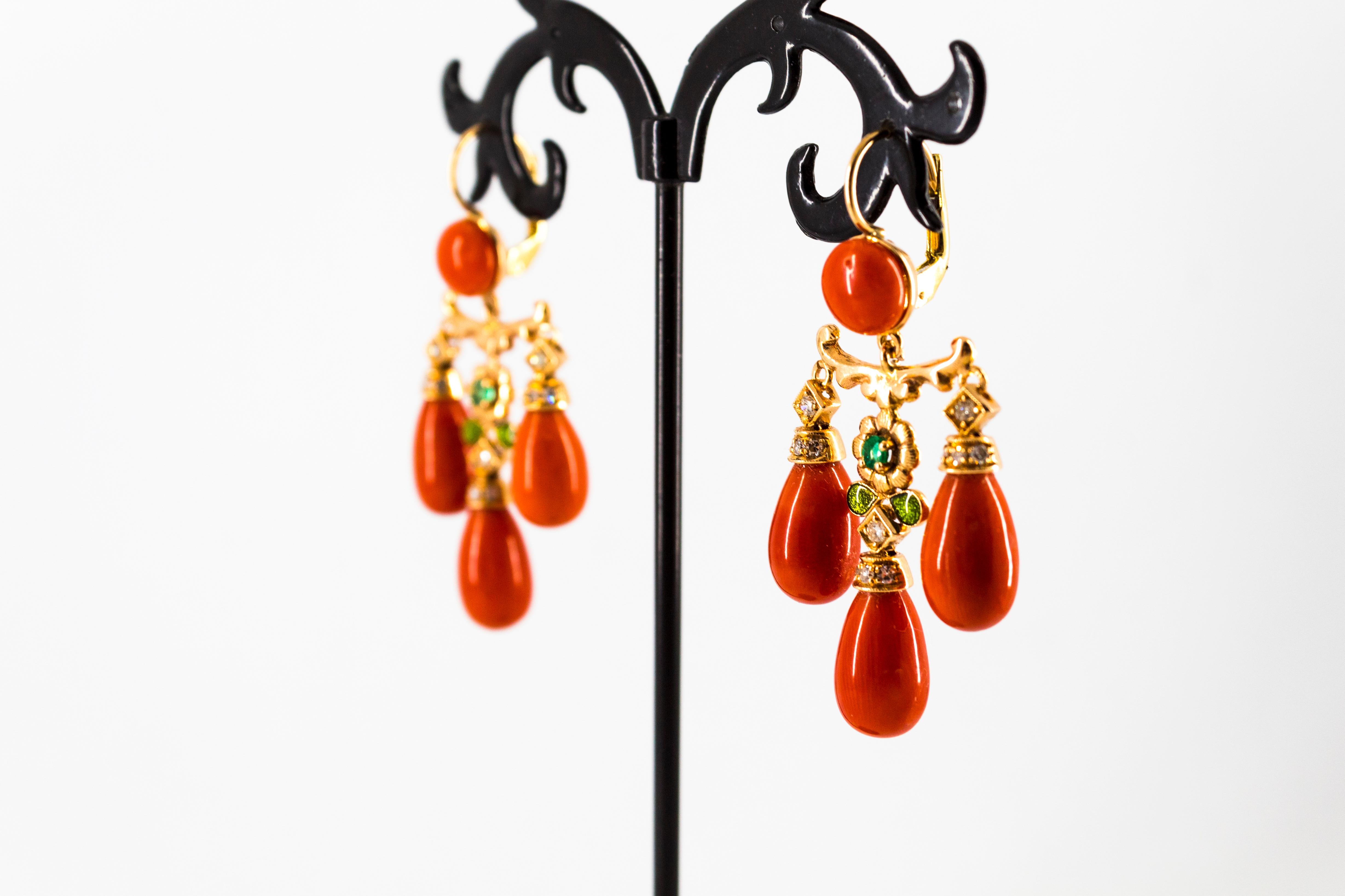 Mediterranean Coral 0.44 Carat White Diamond Emerald Yellow Gold Drop Earrings For Sale 5