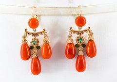 Mediterranean Coral 0.44 Carat White Diamond Emerald Yellow Gold Drop Earrings