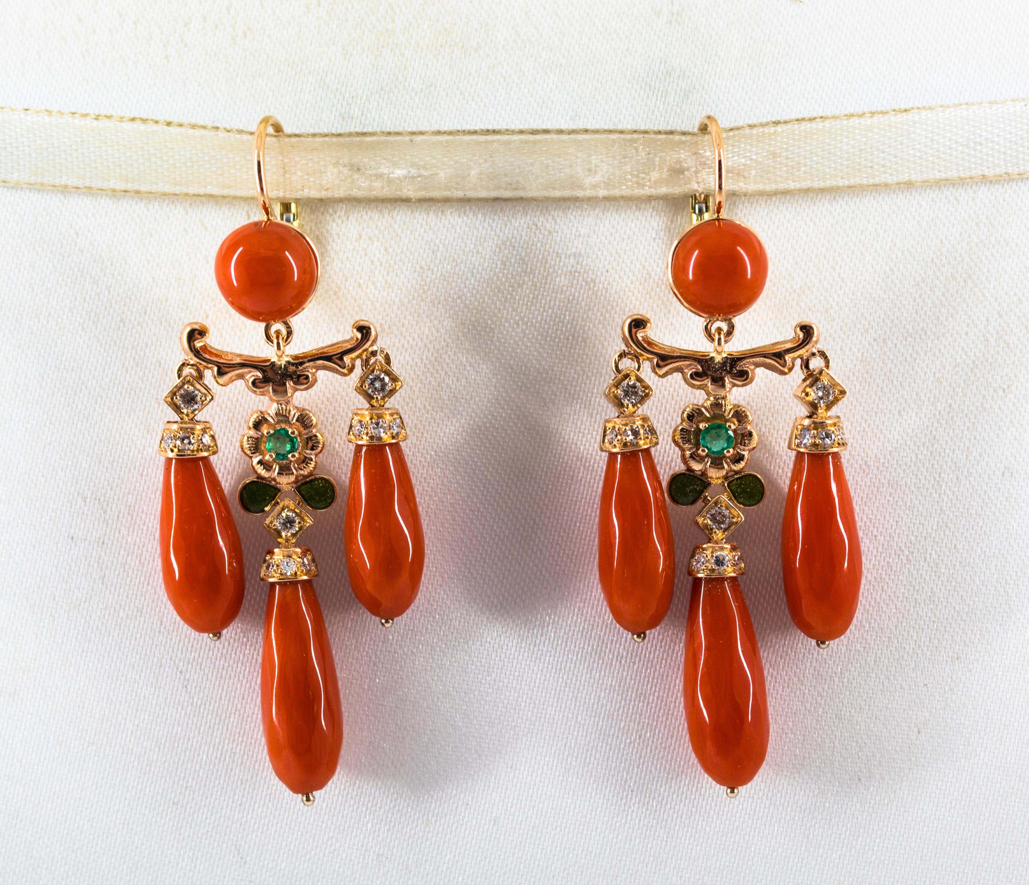 These Lever-Back Earrings are made of 14K Yellow Gold.
These Earrings have 0.26 Carats of White Diamonds.
These Earrings have 0.18 Carats of Emeralds.
These Earrings have Red Mediterranean (Sardinia, Italy) Coral and Enamel.
All our Earrings have