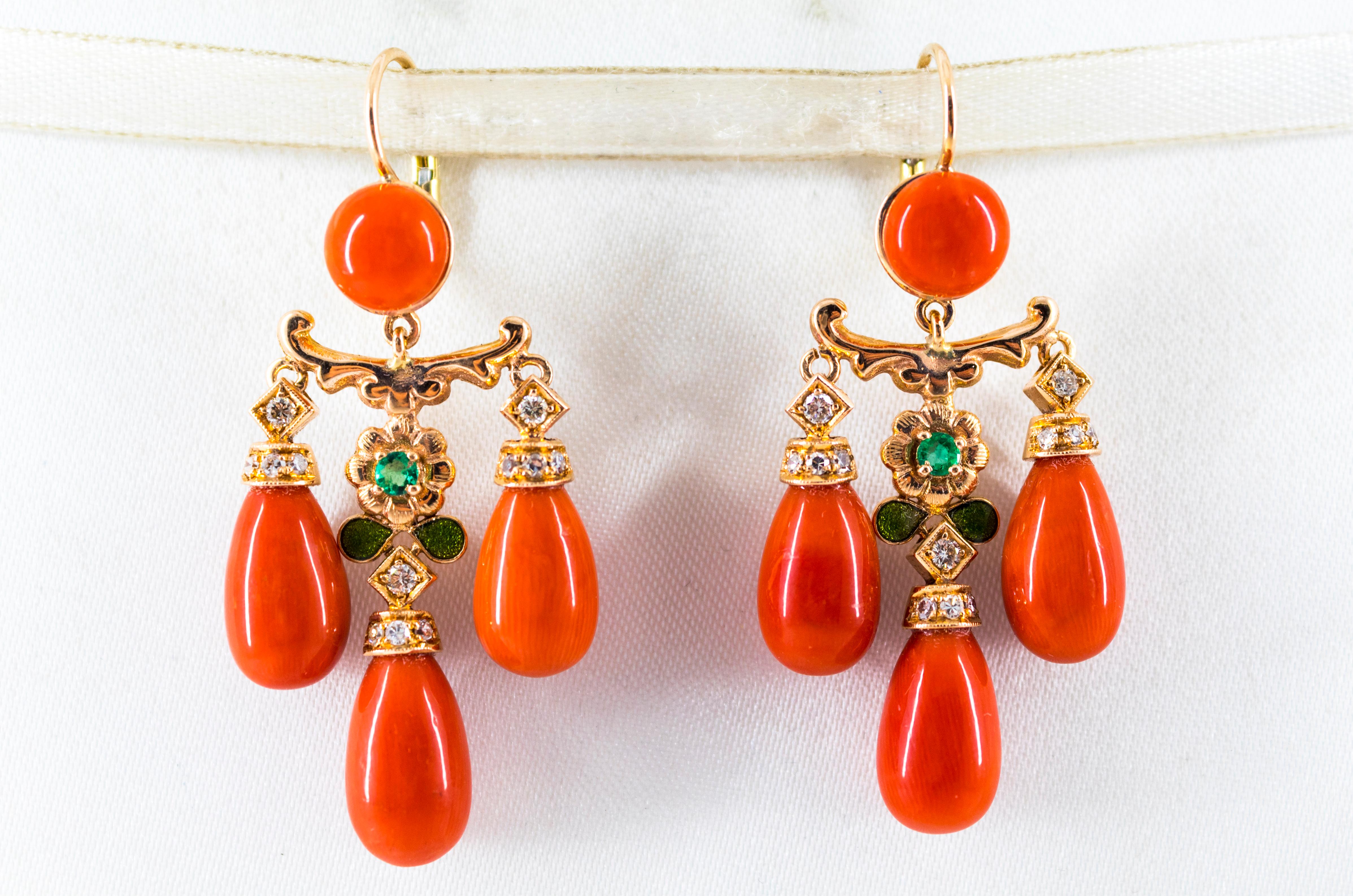 Art Nouveau Mediterranean Coral 0.44 Carat White Diamond Emerald Yellow Gold Drop Earrings