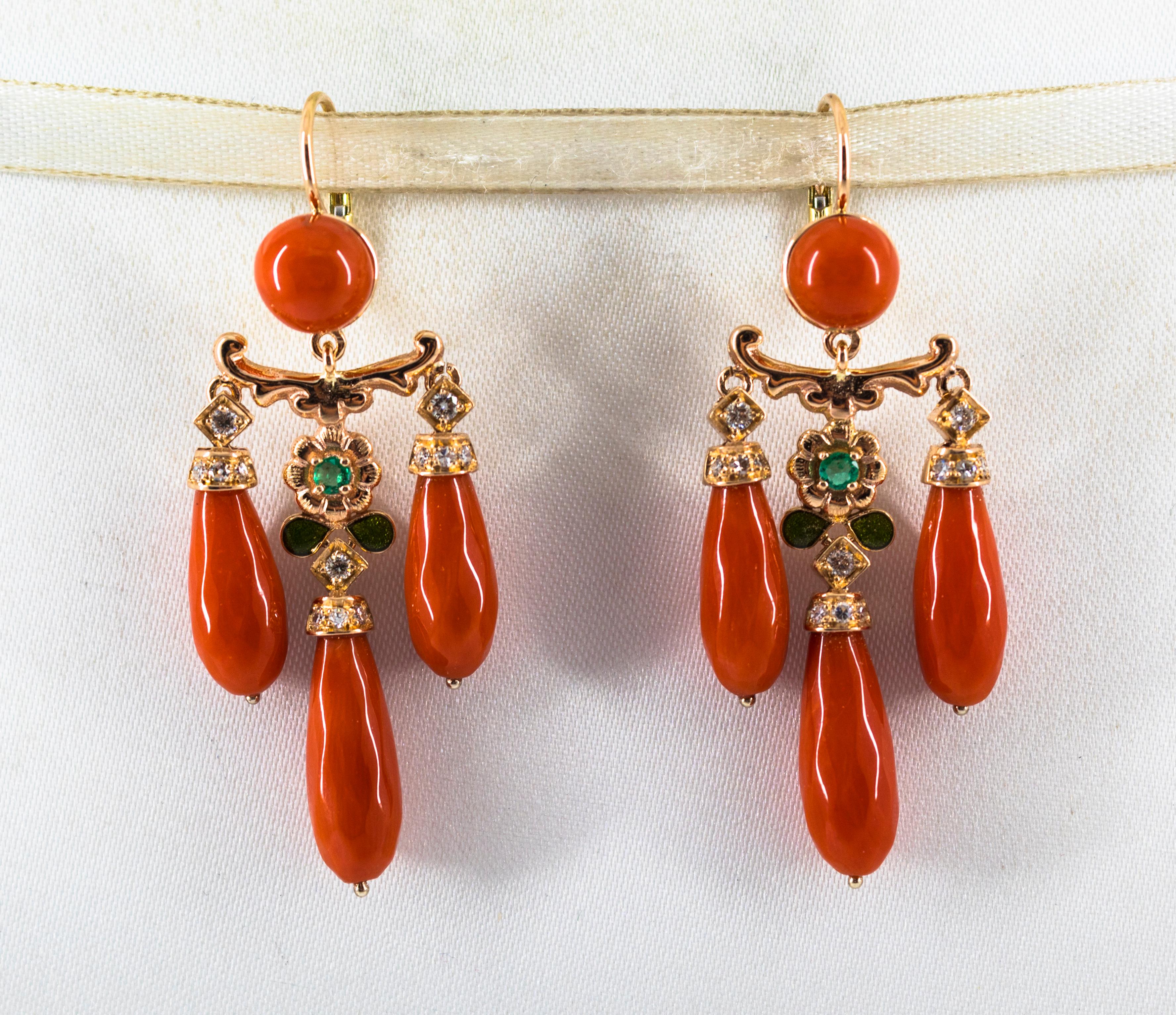 Renaissance Mediterranean Coral 0.44 Carat White Diamond Emerald Yellow Gold Drop Earrings