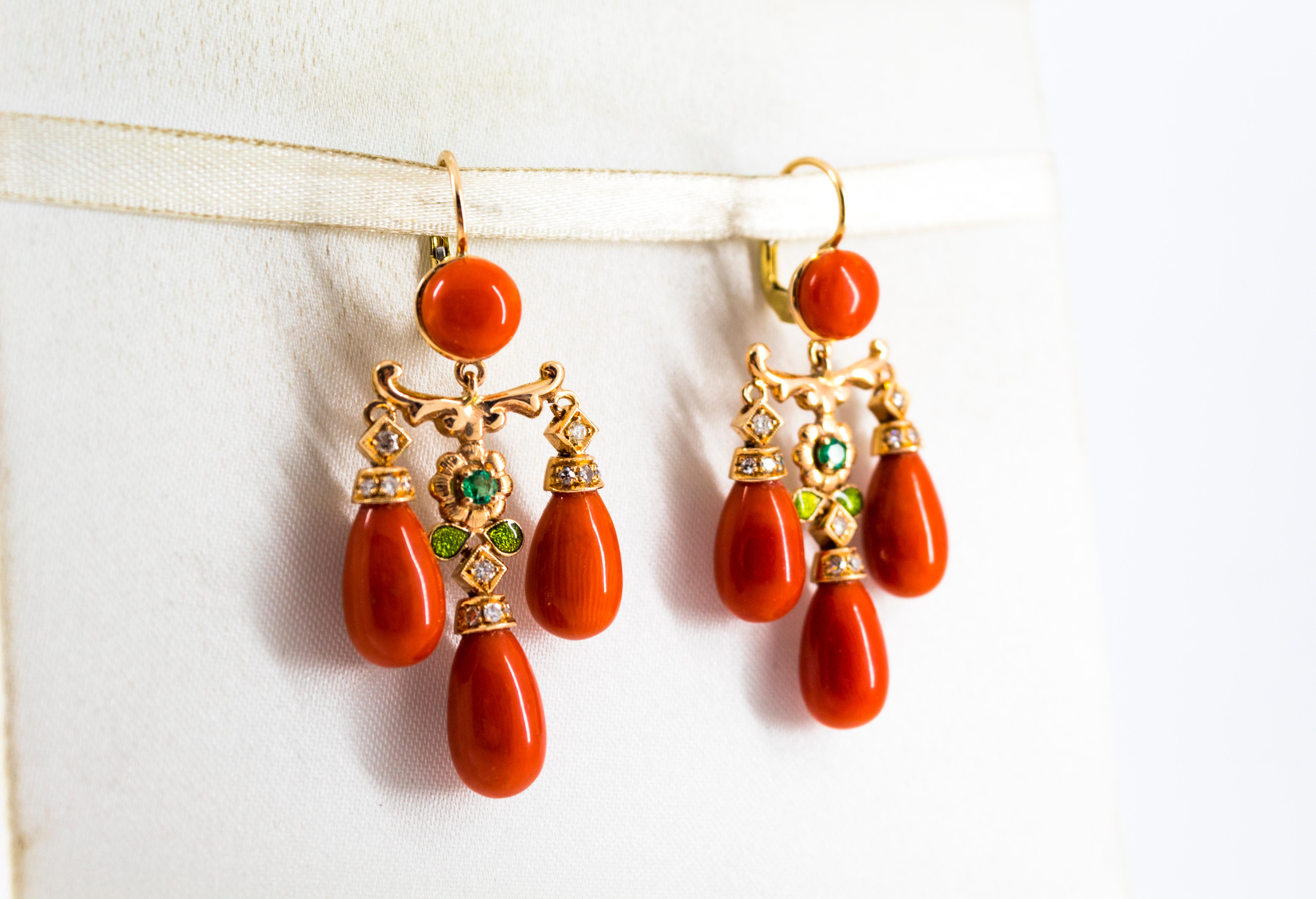Brilliant Cut Mediterranean Coral 0.44 Carat White Diamond Emerald Yellow Gold Drop Earrings For Sale